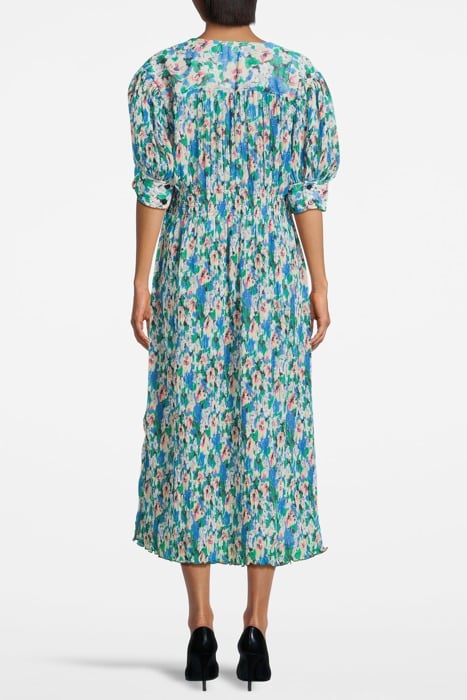 PLEATED GEORGETTE V-NECK SMOCK MIDI DRESS FLORAL AZURE BLUE 2