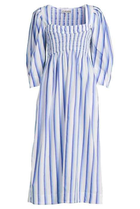 STRIPE COTTON OPEN-NECK SMOCK LONG DRESS SILVER LAKE BLUE 3