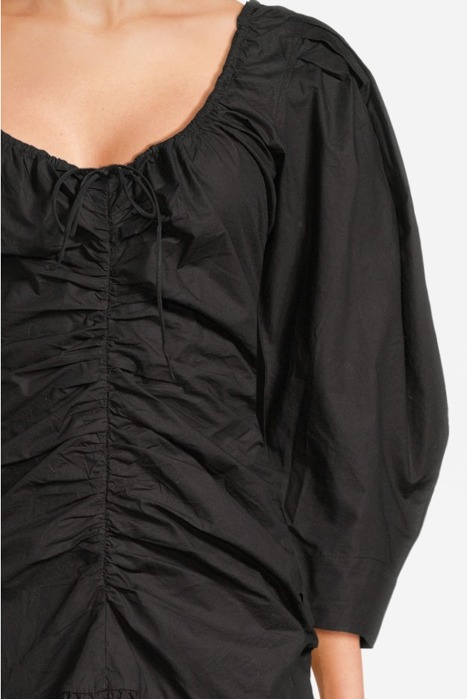 COTTON POPLIN GATHERED U-NECK MINI DRESS BLACK 4