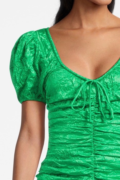 CRINKLED SATIN GATHERED U-NECK MIDI DRESS BRIGHT GREEN 4