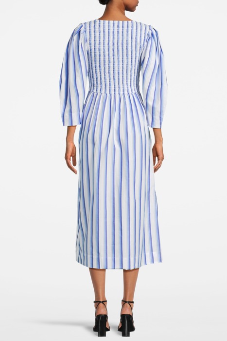 STRIPE COTTON OPEN-NECK SMOCK LONG DRESS SILVER LAKE BLUE 2