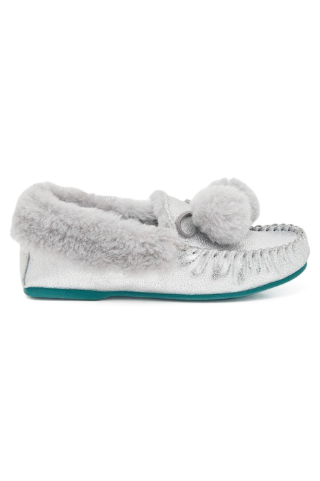 SUEDE AND SHEARLING MOCCASIN SILVER TONE METALLIC 1