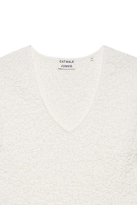 SMOCKED SLIM STRETCH V NECK TOP OFF WHITE 2