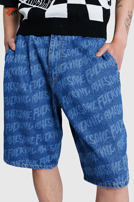 FUCKING AWESOME – BAGGY PLEATED DENIM LASER STAMP SHORTS BLU 4