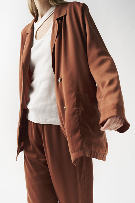 DOUBLE BREASTED SATIN BLAZER SADDLE BROWN 5