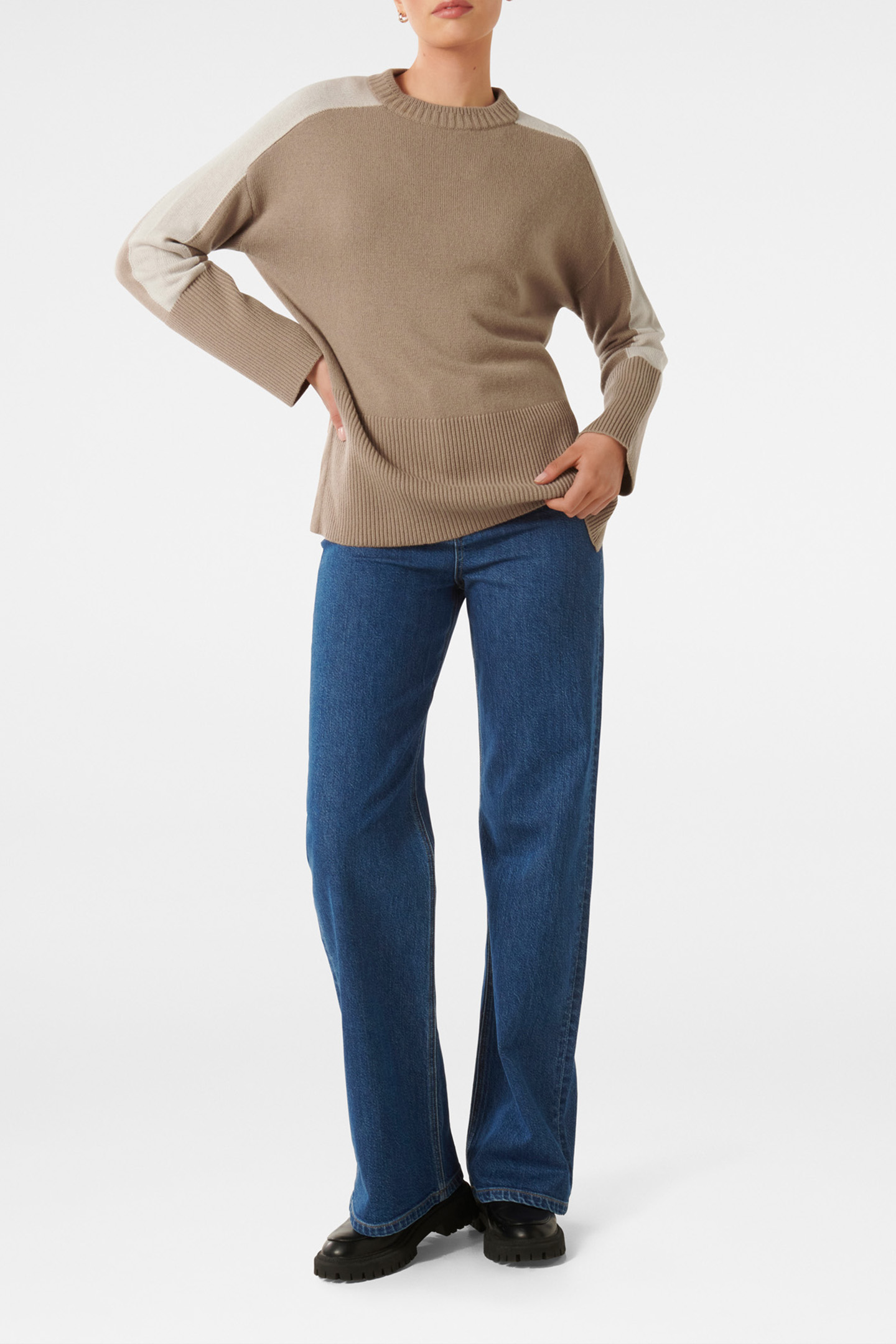 BIANCA RELAXED LONGLINE CREW NECK JUMPER MUSHROOM/ STONE COL 3