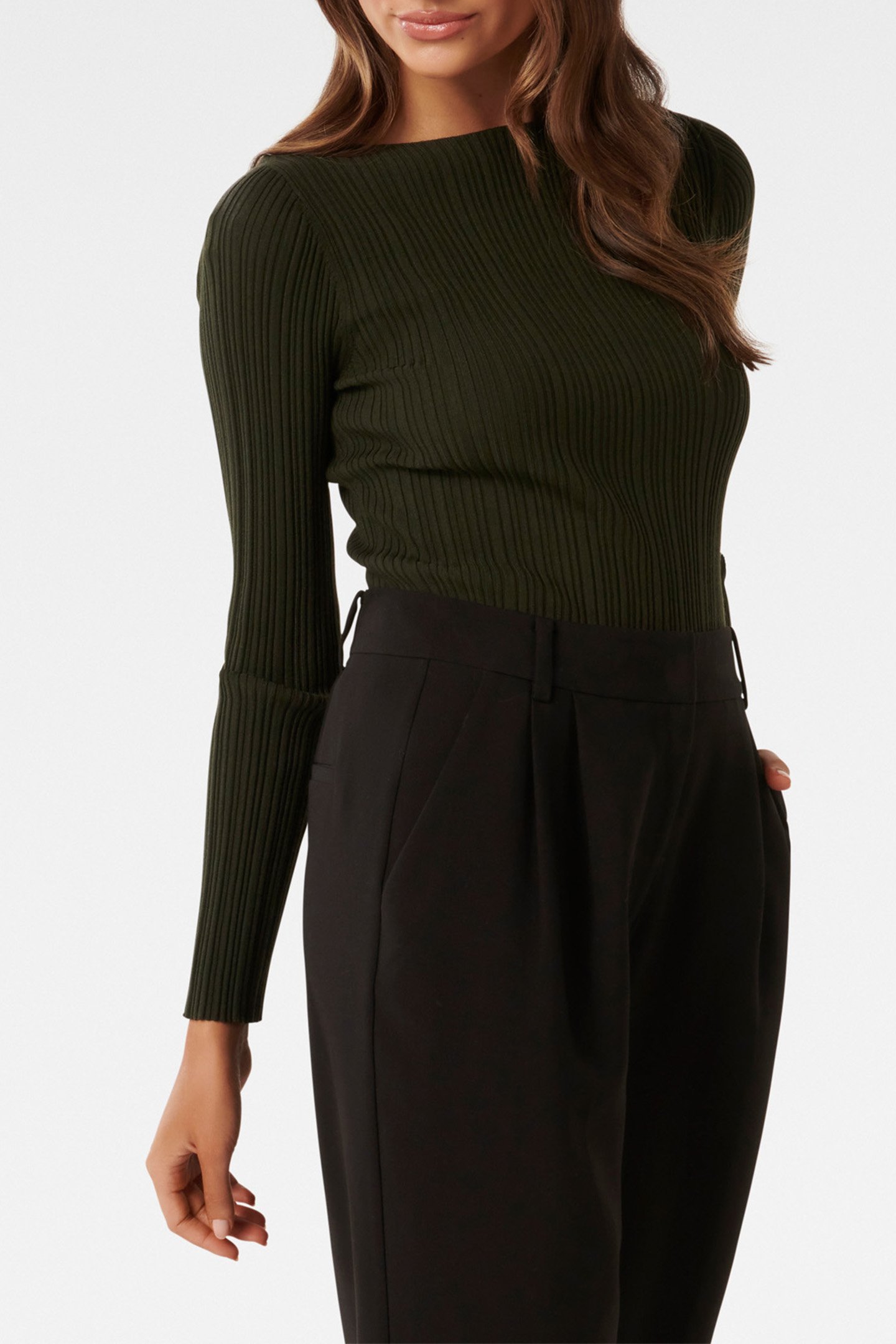 EVIE PETITE LONG SLEEVES RIB KNITTED TOP GREEN 5