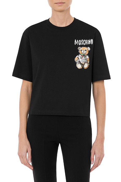 CROPPED T-SHIRT IN DRAWN TEDDY BEAR ORGANIC JERSEY BLACK 1