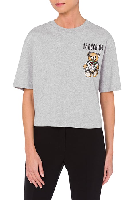 CROPPED T-SHIRT IN DRAWN TEDDY BEAR ORGANIC JERSEY GREY 1