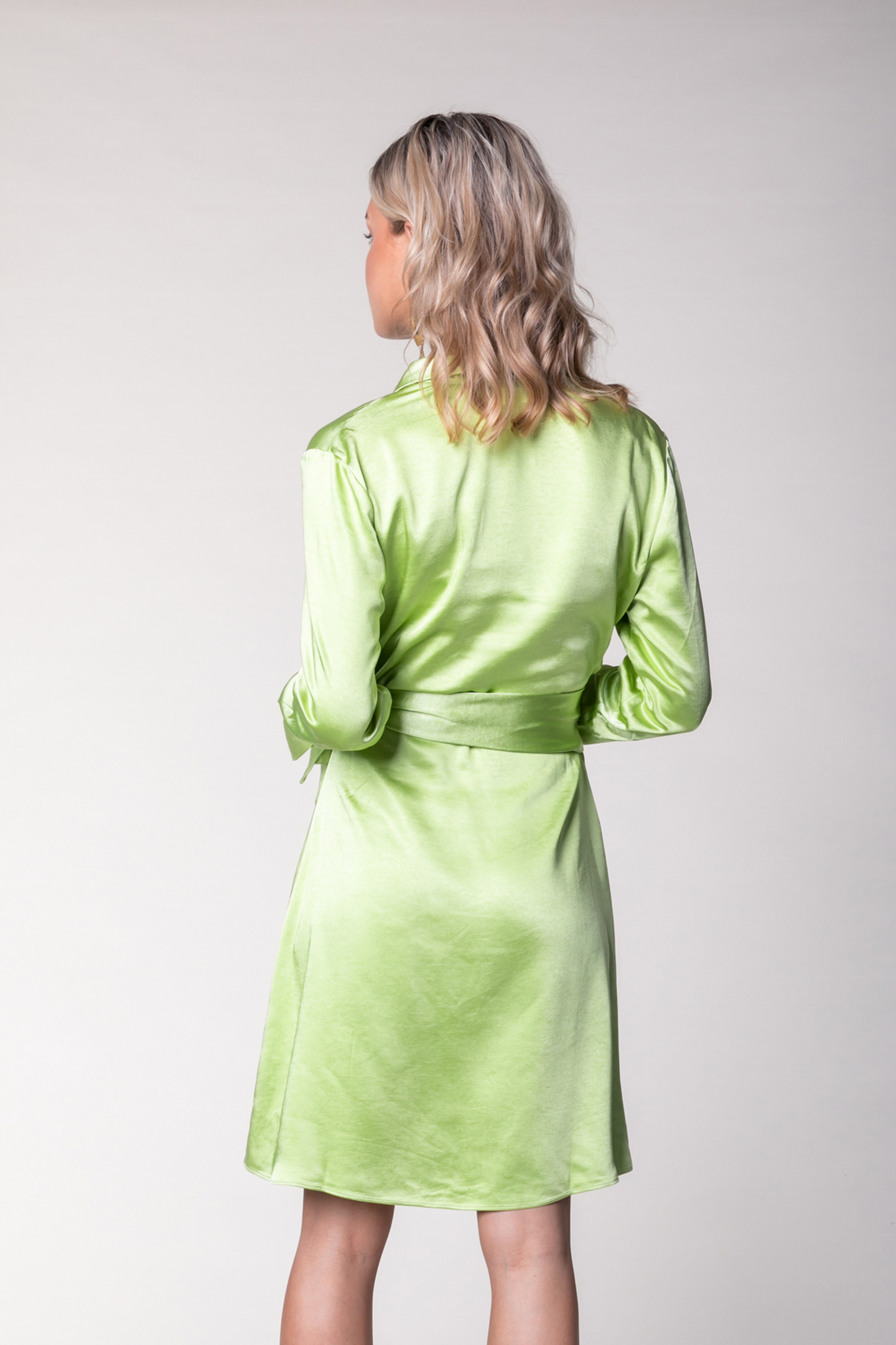 DORIN UNI SATIN WRAP MINI DRESS DARK LIME GREEN 2