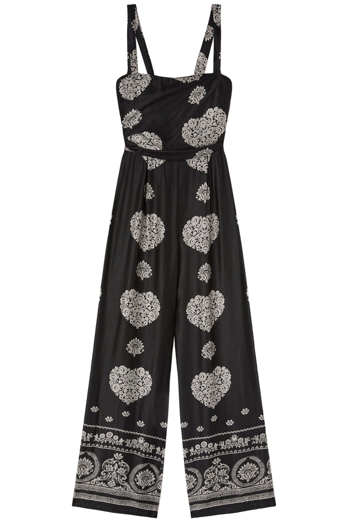 LONG JUMPSUIT IN ETHNIC PATTERNED SATIN BLACK 3