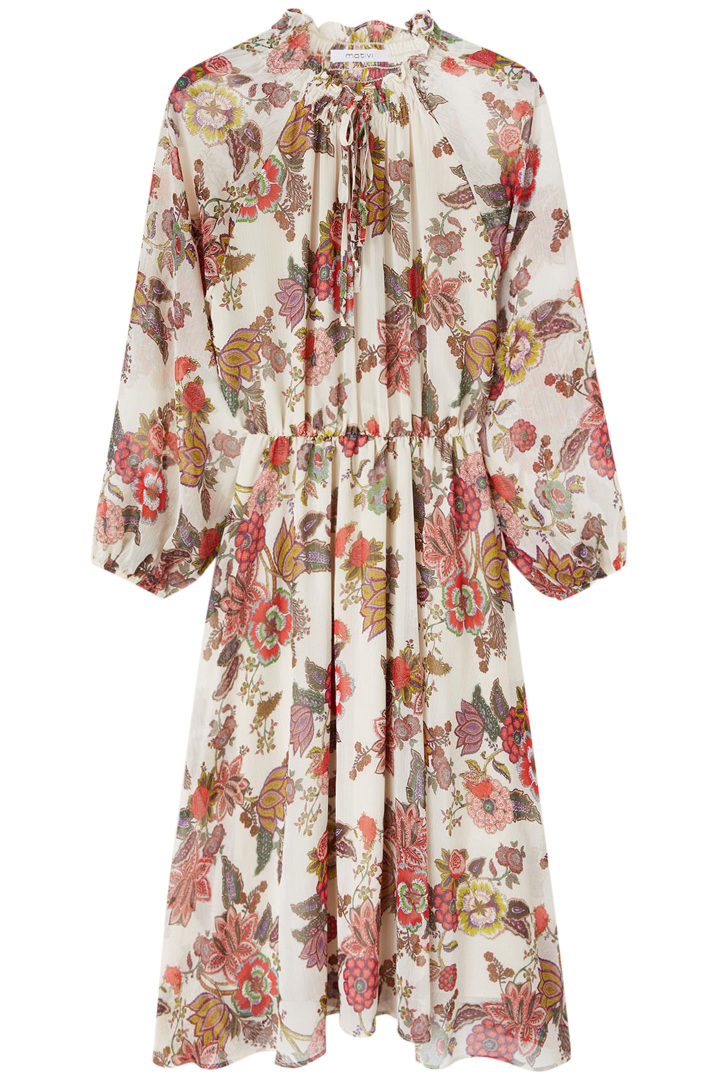 INDIAN FLOWER PATTERNED LONG-SLEEVED DRESS WHITE 3