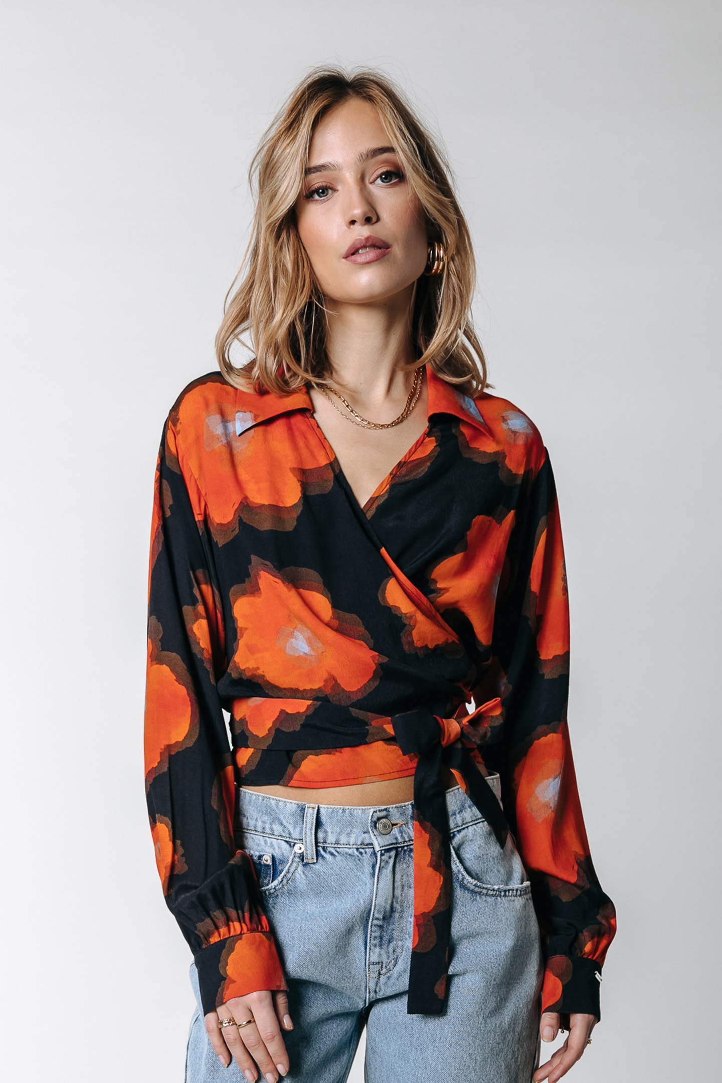 JOSA PAINTED FLOWER WRAP BLOUSE MANDARIN ORANGE 1