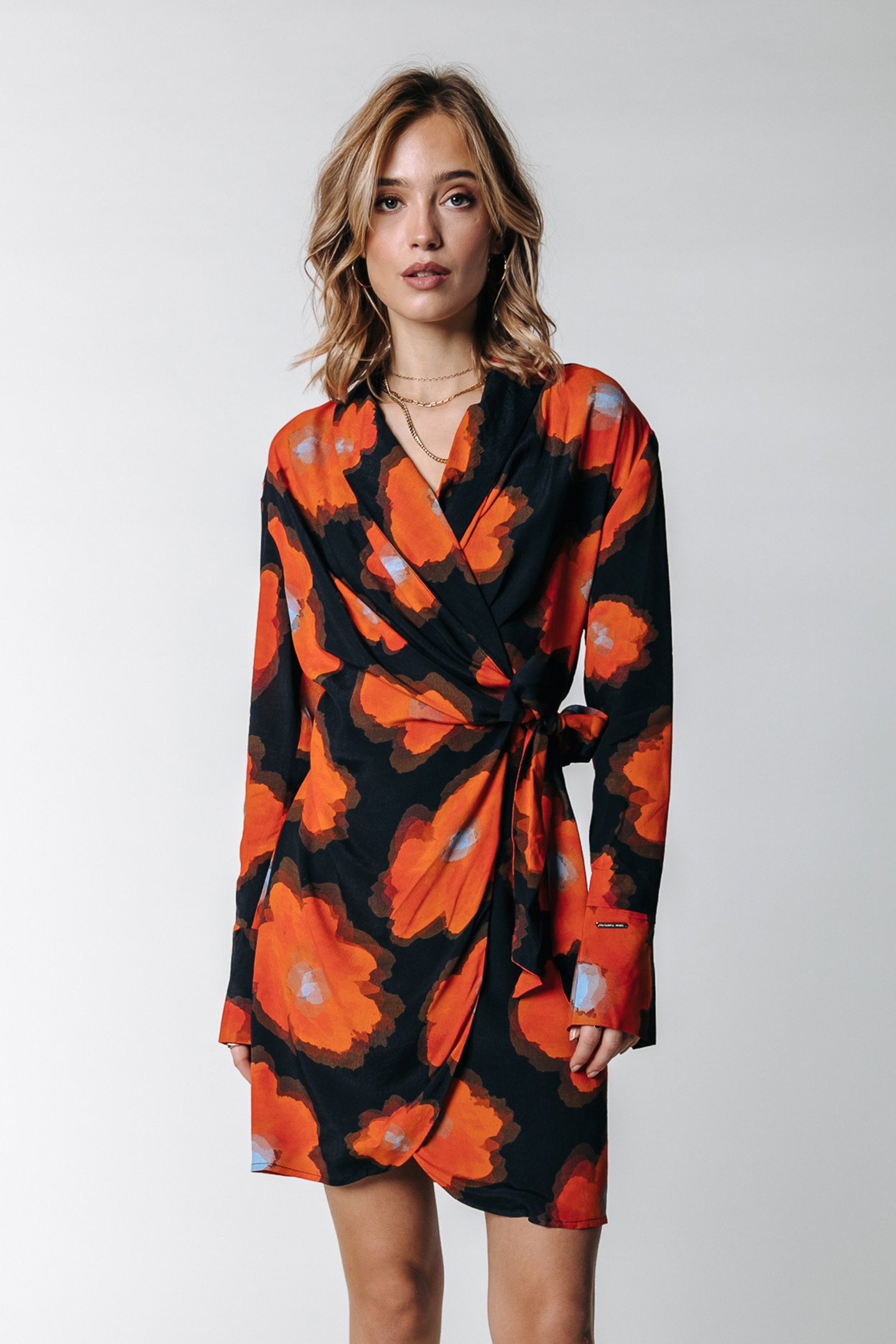 DORIN PAINTED FLOWER MINI WRAP DRESS MANDARIN ORANGE 1