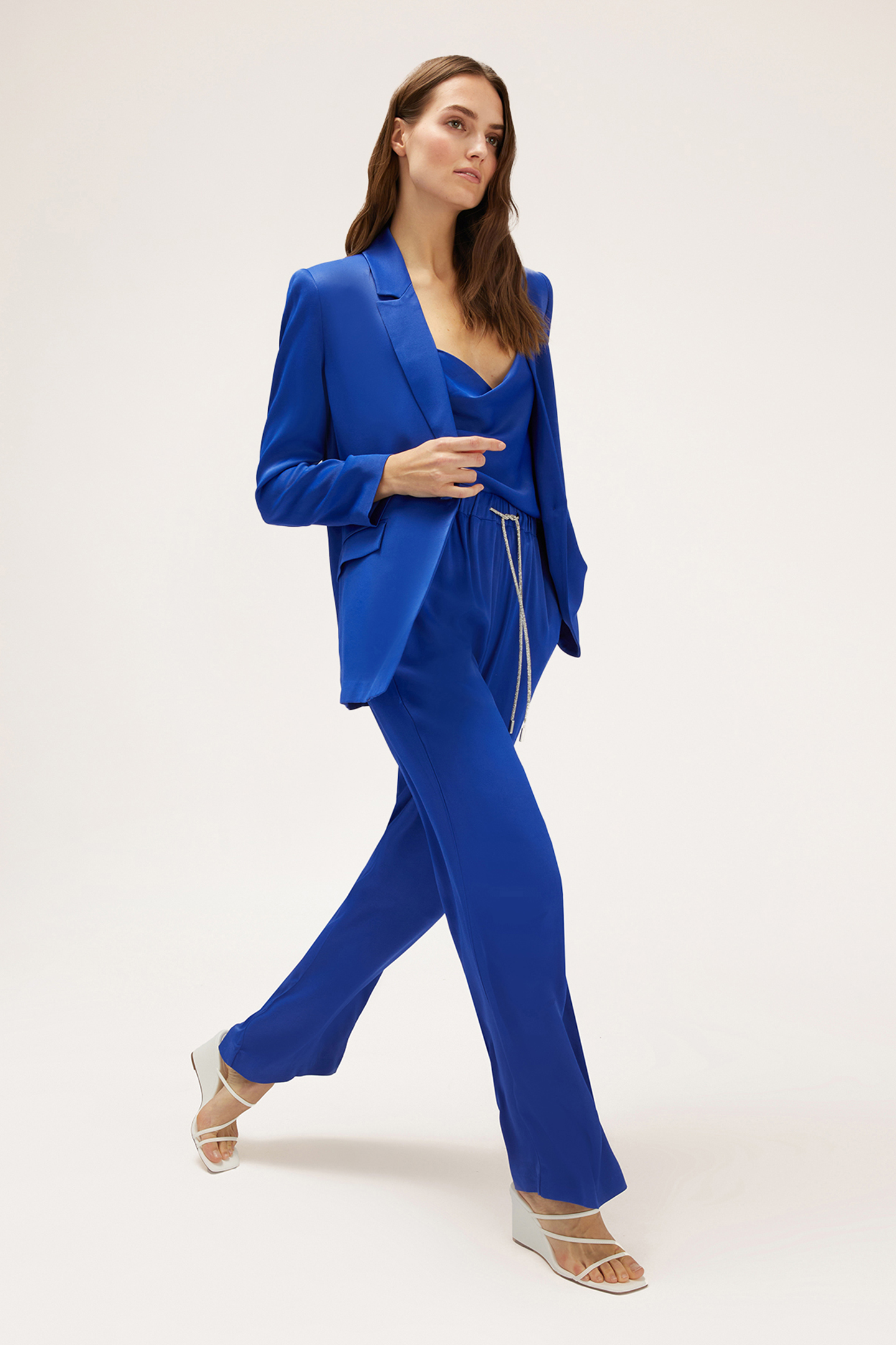 OVERSIZED SATIN BLAZER WITH JEWEL BUTTON BLUE 3