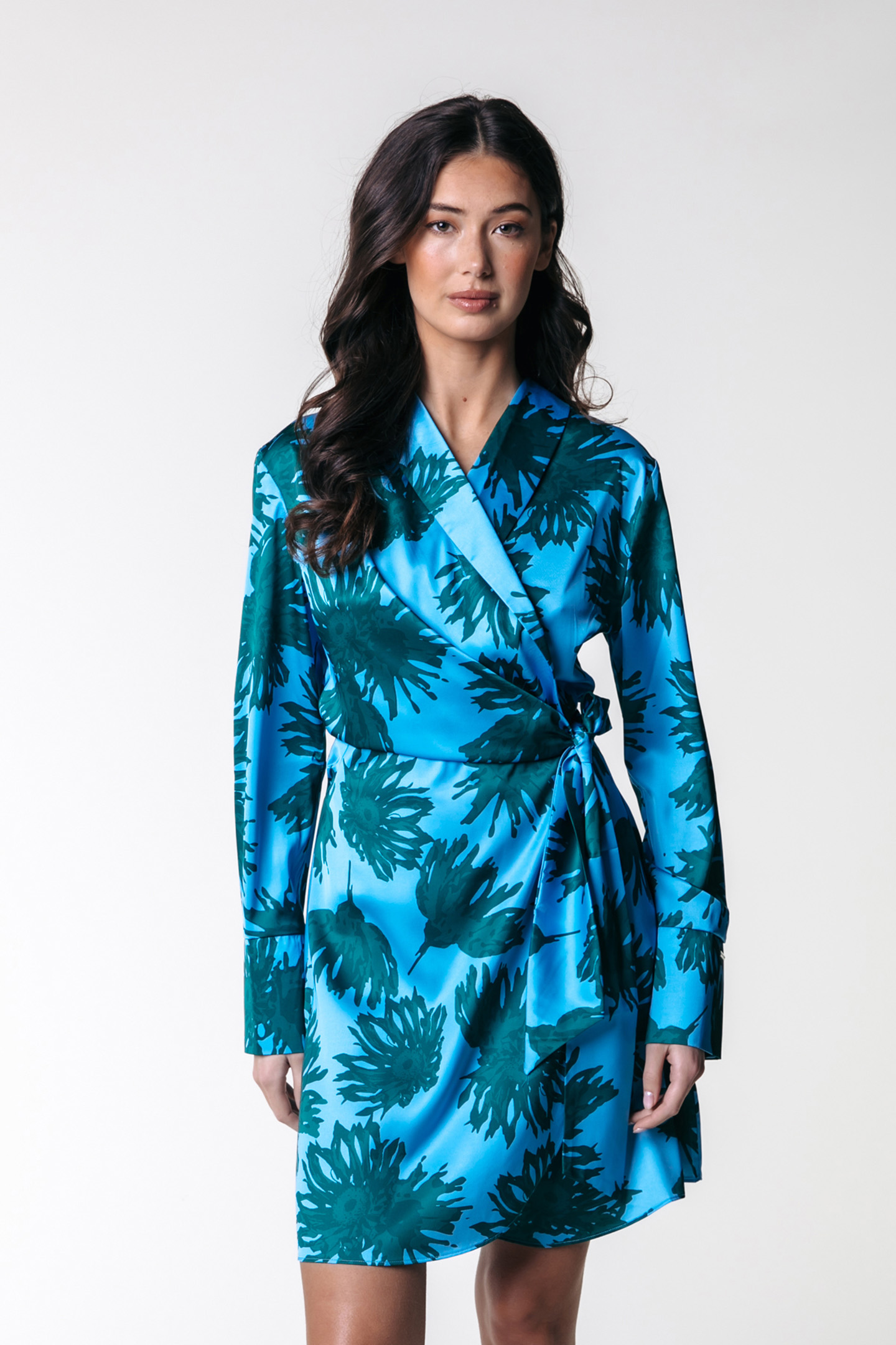 DORIN FLOWERS SATIN WRAP DRESS MIST BLUE 1
