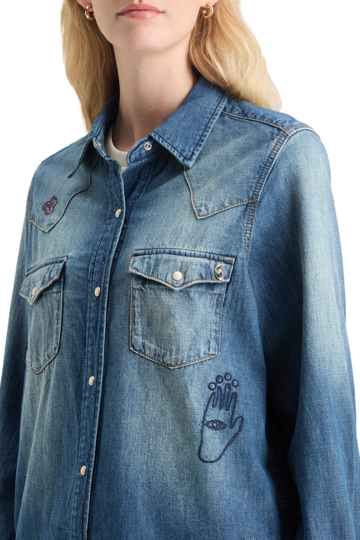 WASHED REGULAR FIT DENIM WESTERN SHIRT WITH EMBROIDERIES WAS 8