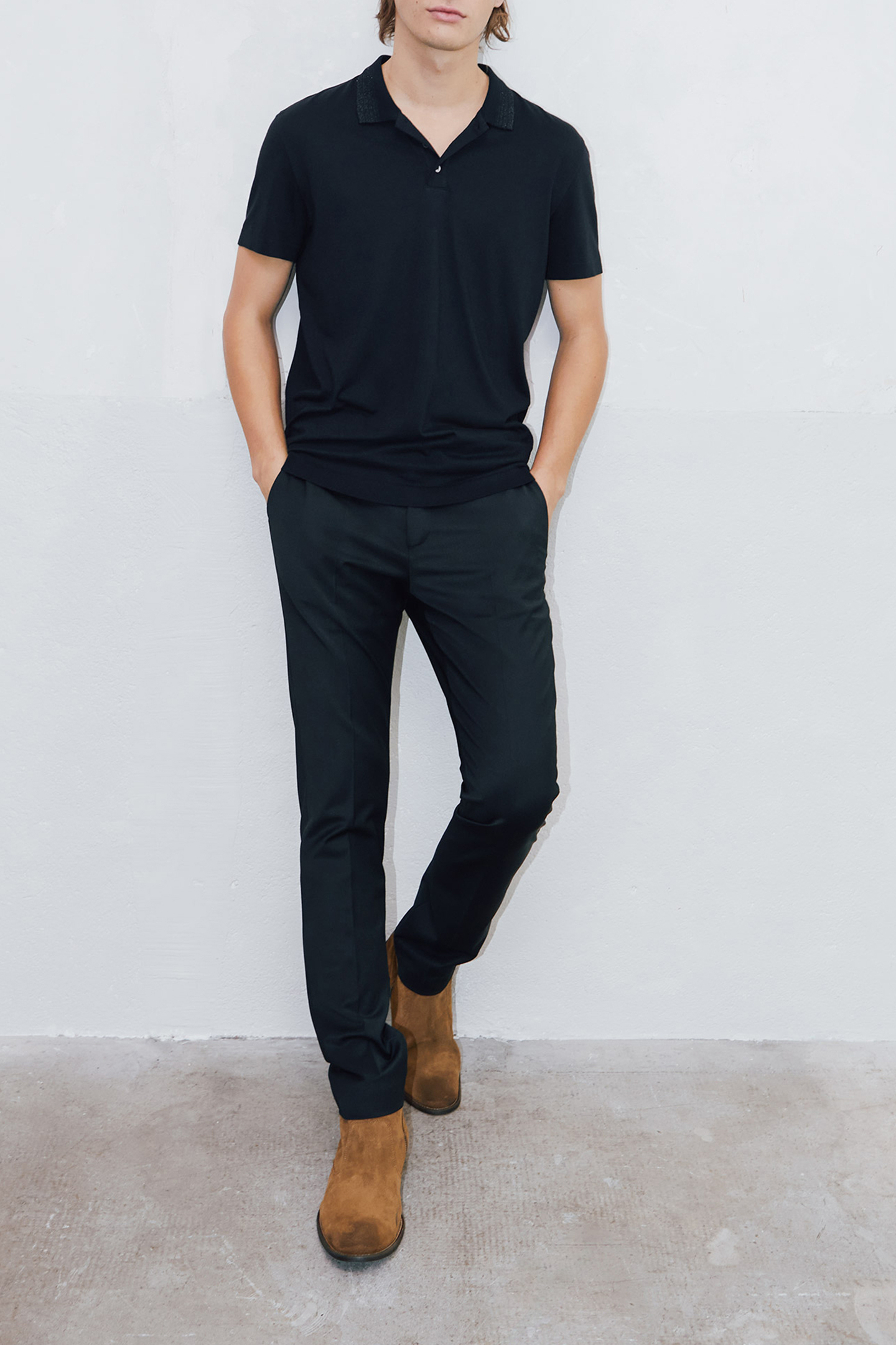 PURE EDITION–BLACK MODAL POLO SHIRT, STRIPED COLLAR 3