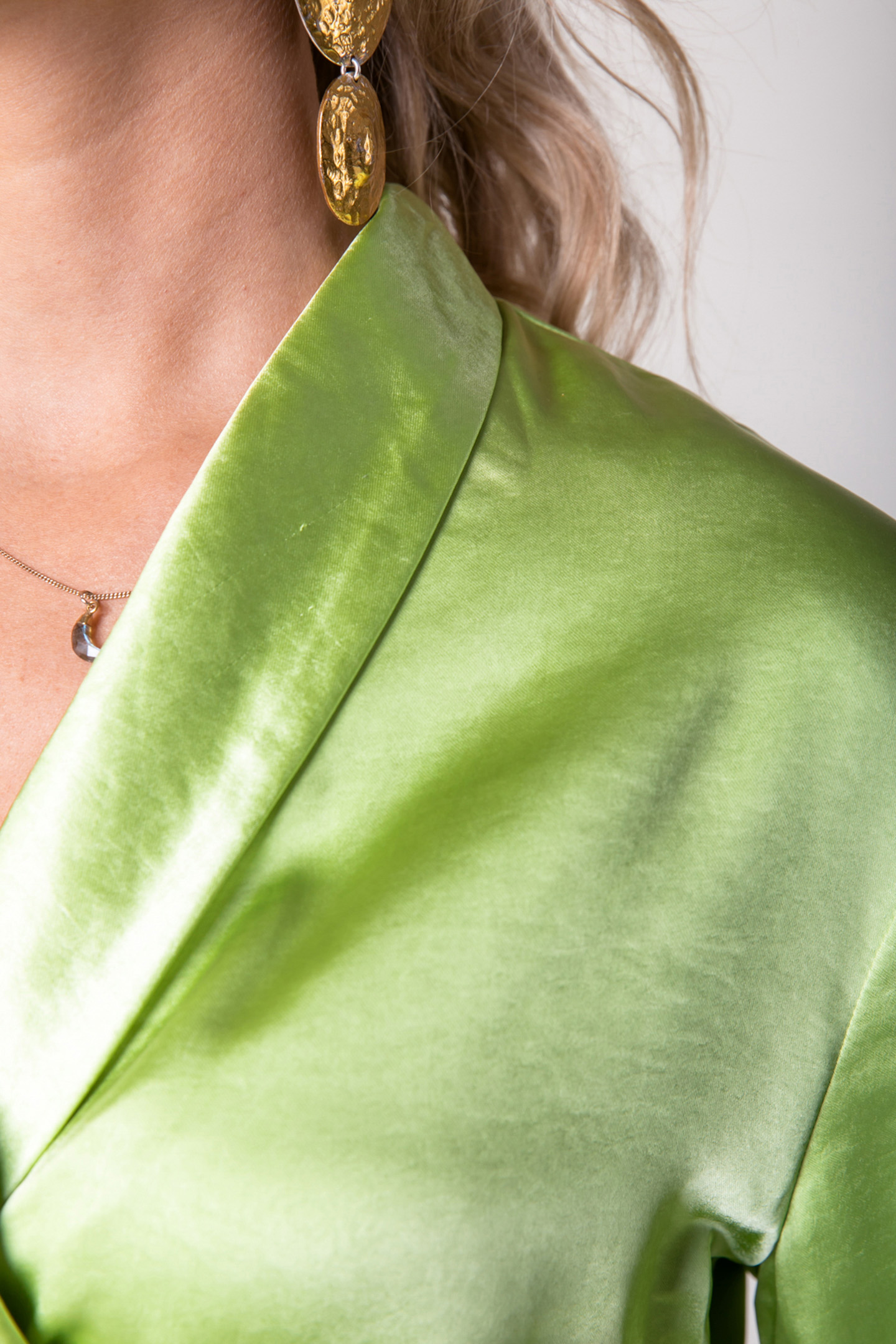 DORIN UNI SATIN WRAP MINI DRESS DARK LIME GREEN 4