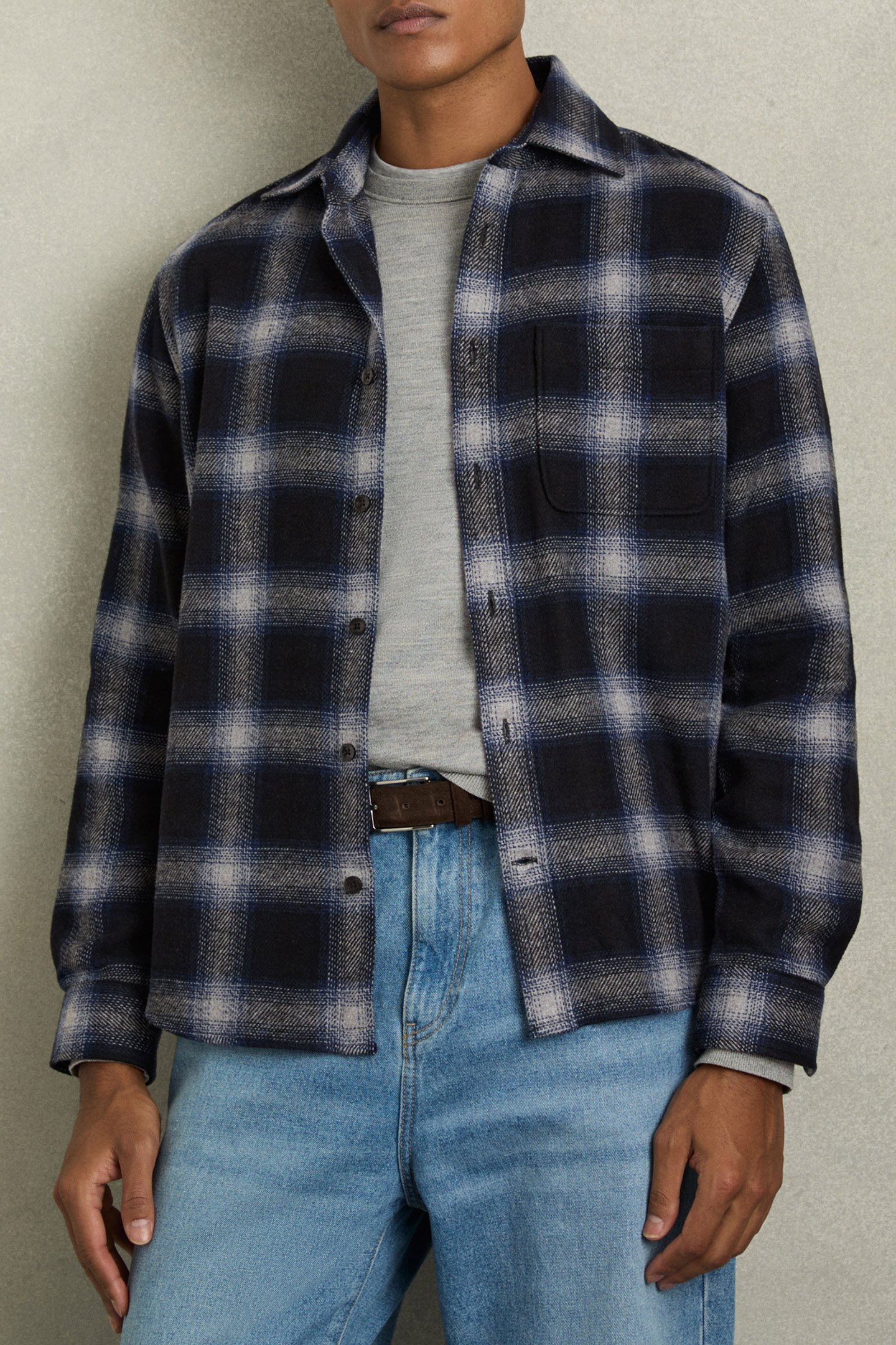 CROSBY LS WOOL CHECK PATCH POCKET OVERSHIRT NAVY MULTI by Reiss