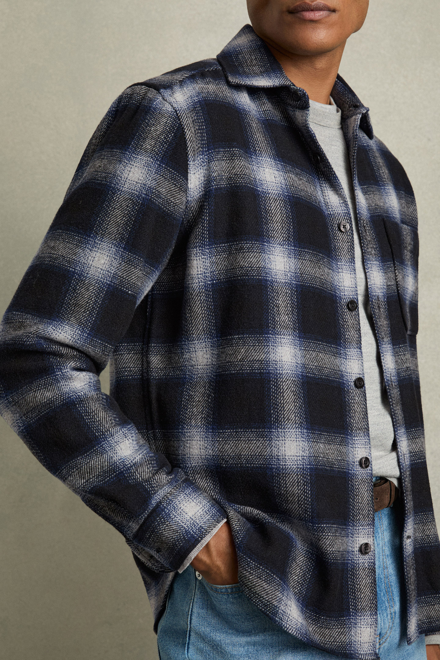 CROSBY LS WOOL CHECK PATCH POCKET OVERSHIRT NAVY MULTI 5