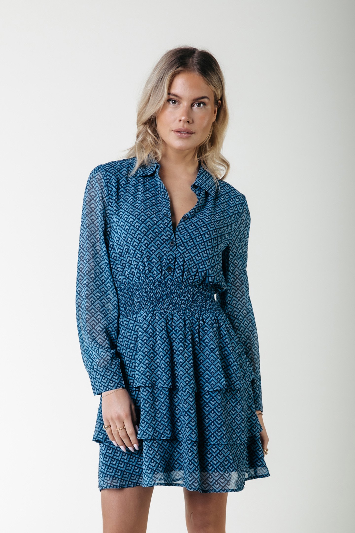 SACHA SMALL GEO SHIRT DRESS LS DARK PETROL 1