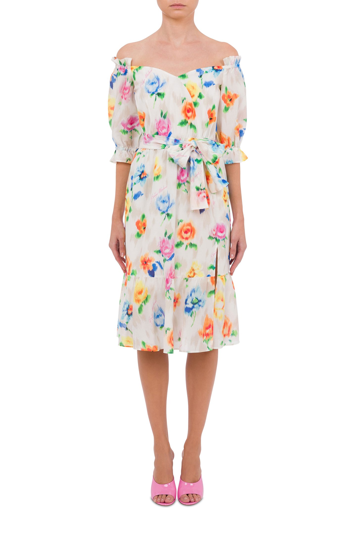 OFF-THE-SHOULDER DRESS IN BRODERIE ANGLAISE FLOWER CHINÉ WHI 1