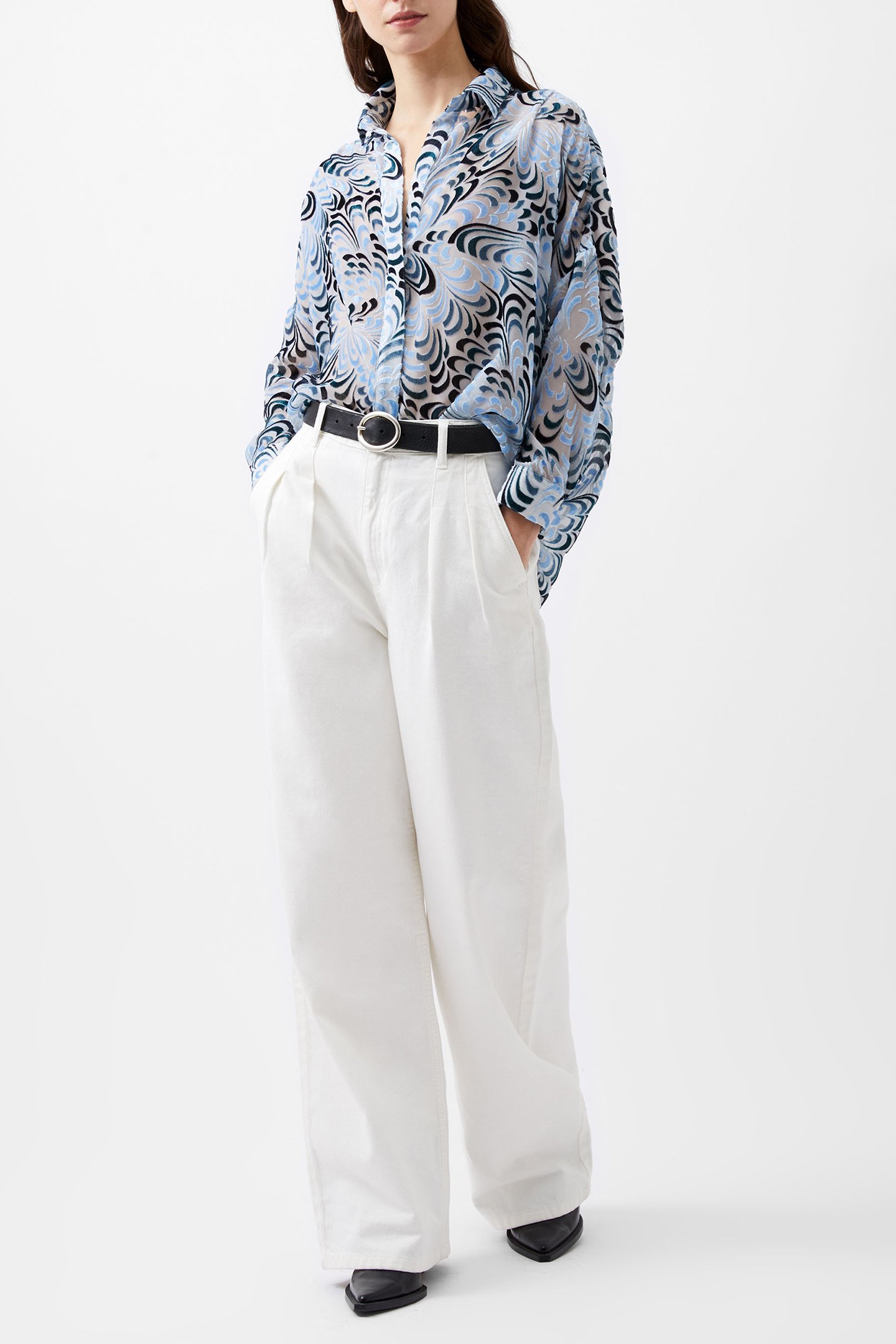DIA DEVORE V BUTTON POPOVER SUMMER WHITE/BLUE by French Connection