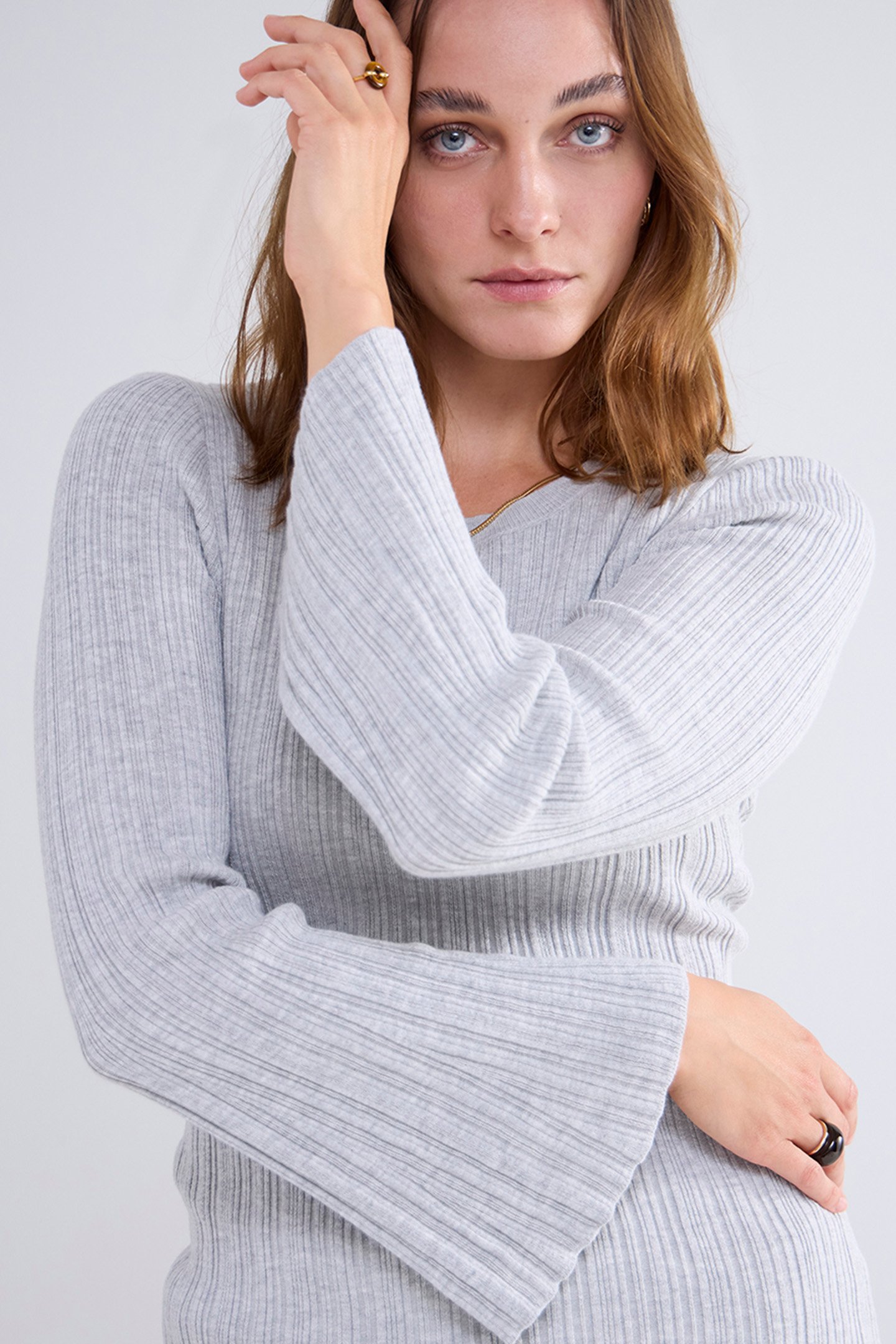 TROMPET SLEEVE SWEATER COTTON SILK BLEND KNIT GREYS 4