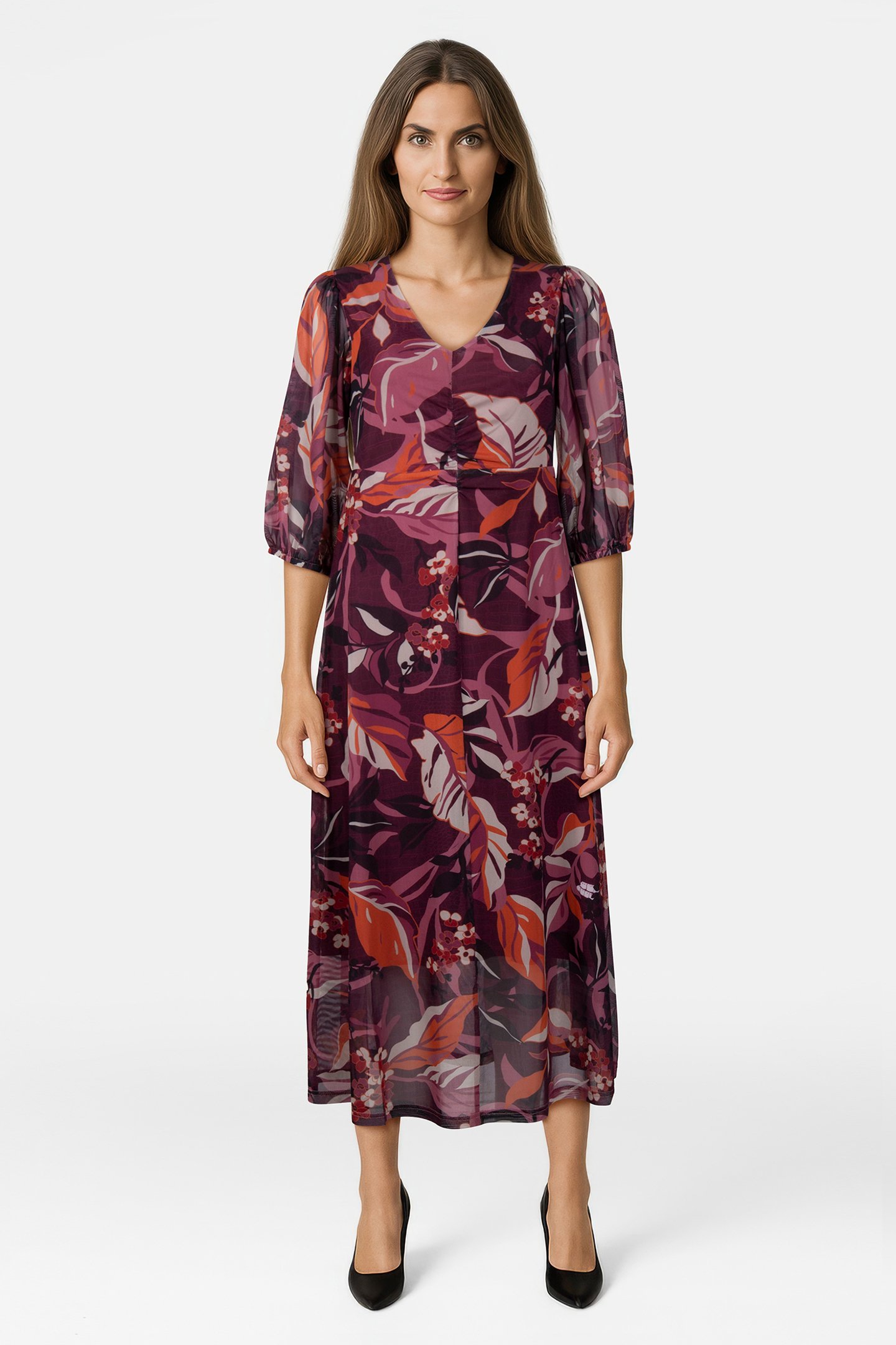 DRESS MESH LEAVES PRINT PURPLES by Tramontana