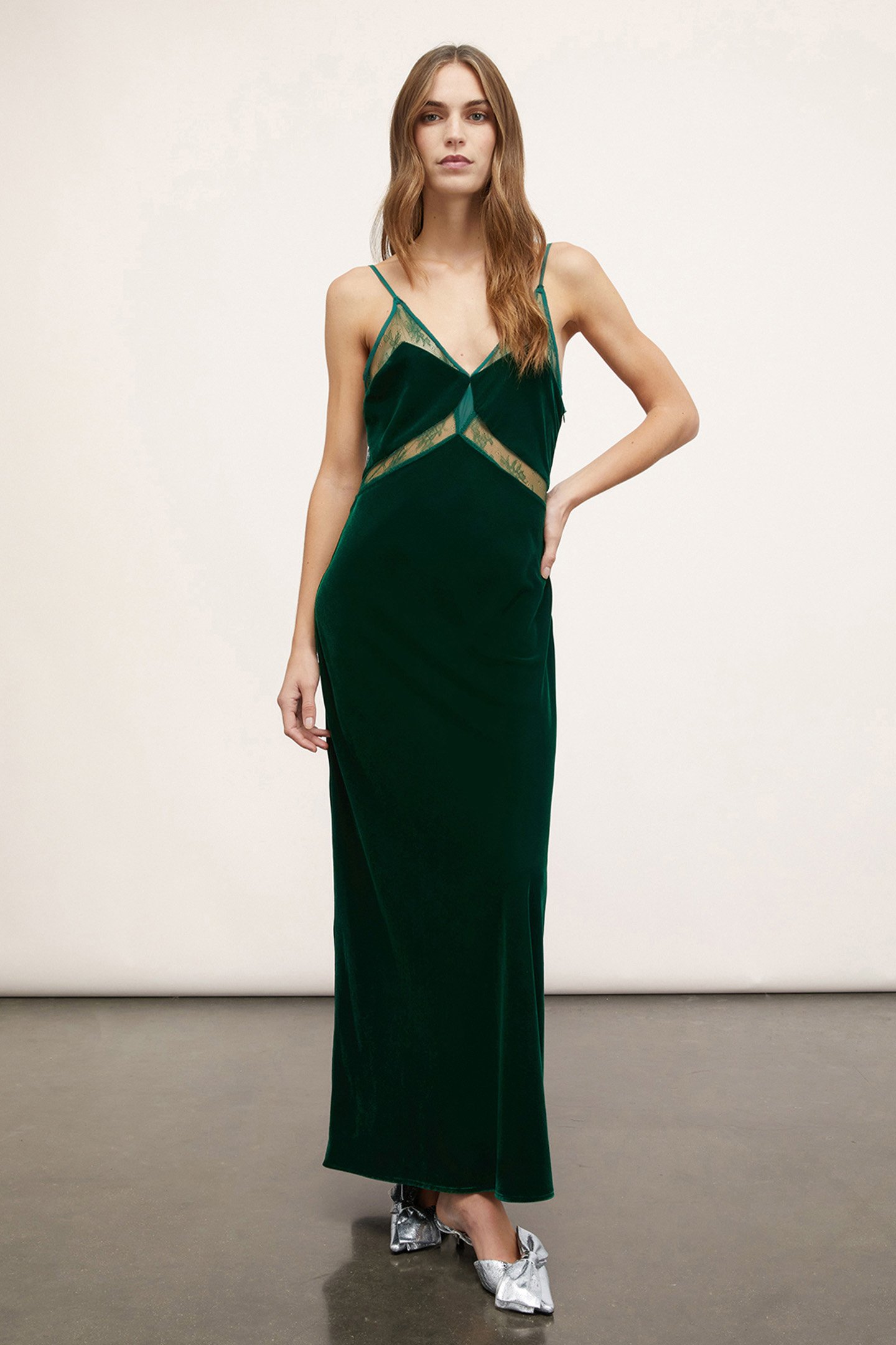SMOOTH VELVET AND LACE LINGERIE DRESS GREEN by Motivi