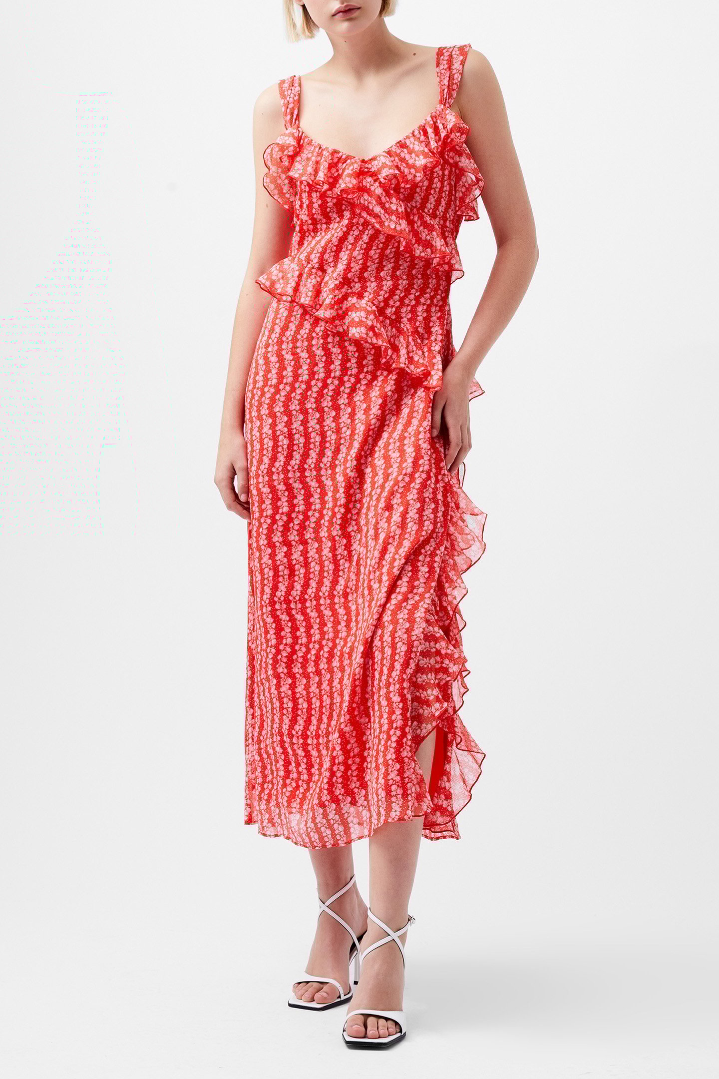 FRANCES CRINKLE RUFFLE DRESS CAYENNE RED/WHITE by French Connection
