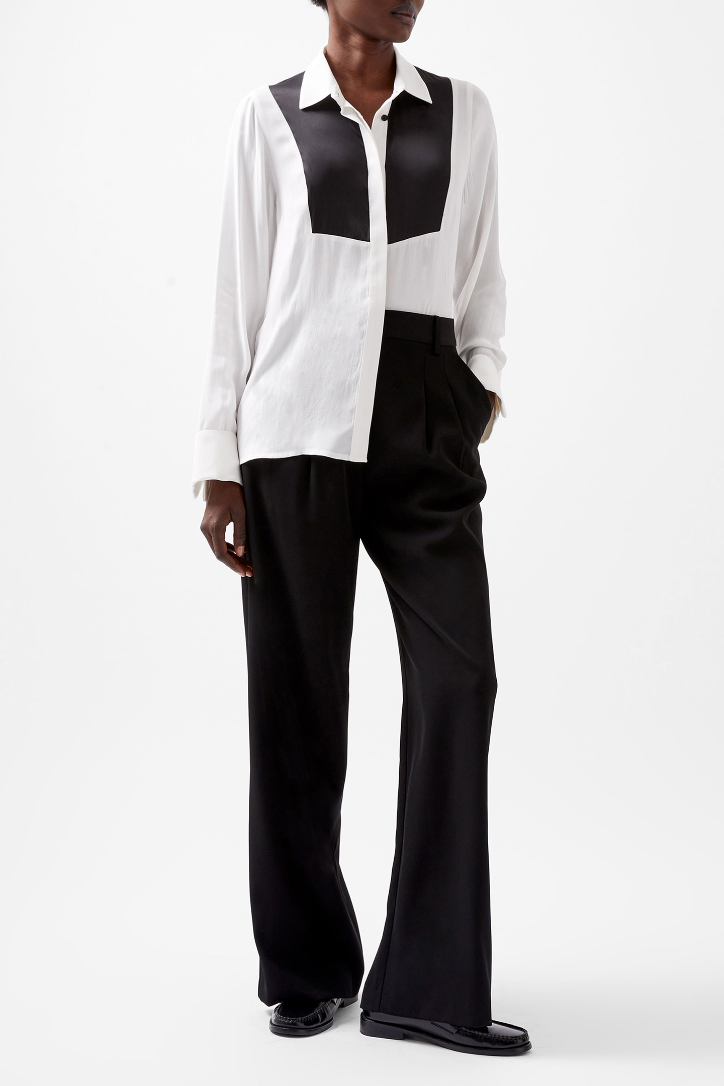 CHIARA DRAPE CONTRAST LS SHIRT LINEN WHITE/BLACKOUT 2