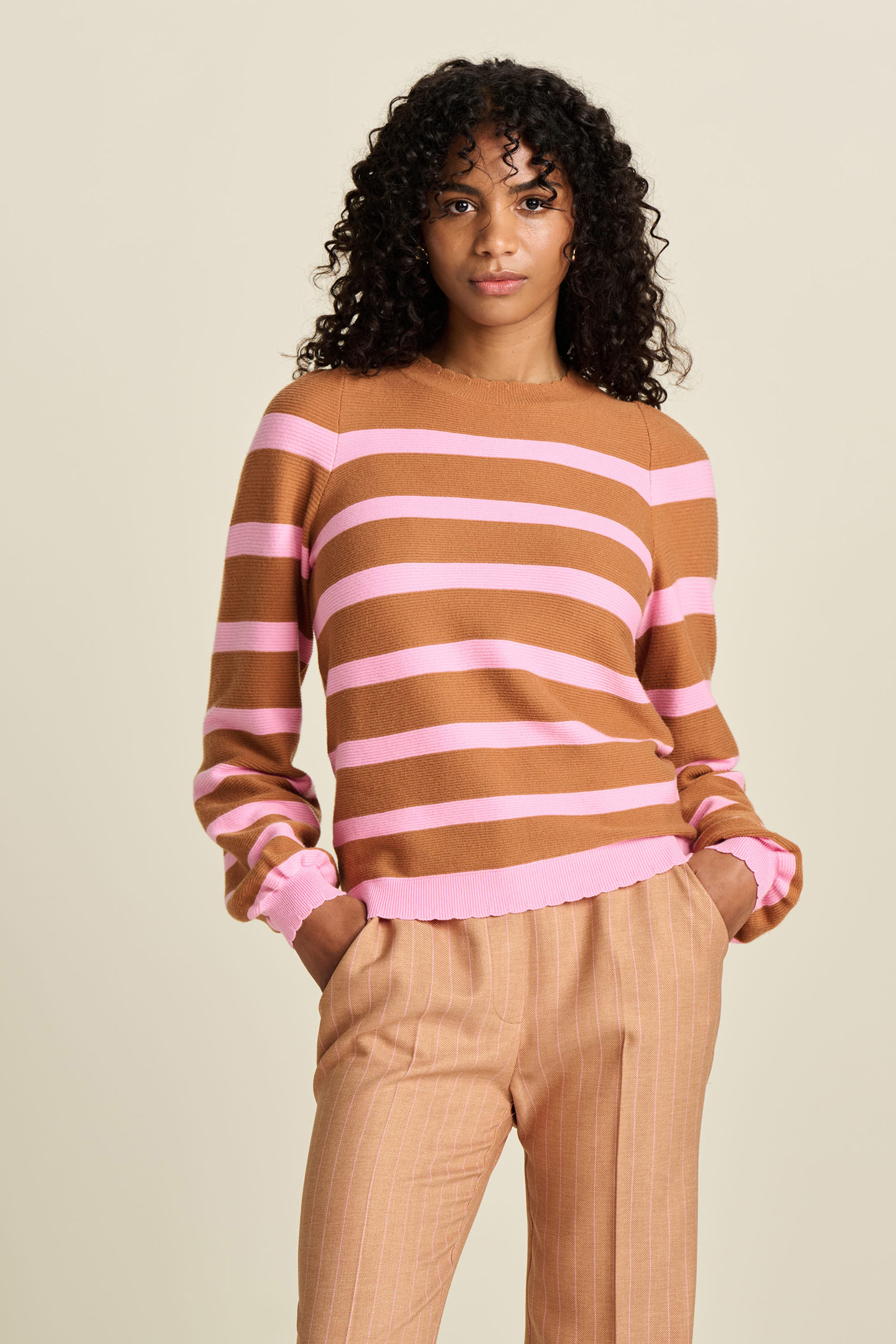 POM Amsterdam Pullover - Striped Sugar Brown Maat: 34 | Gebreide Truien Outlet | Dames | Bruin