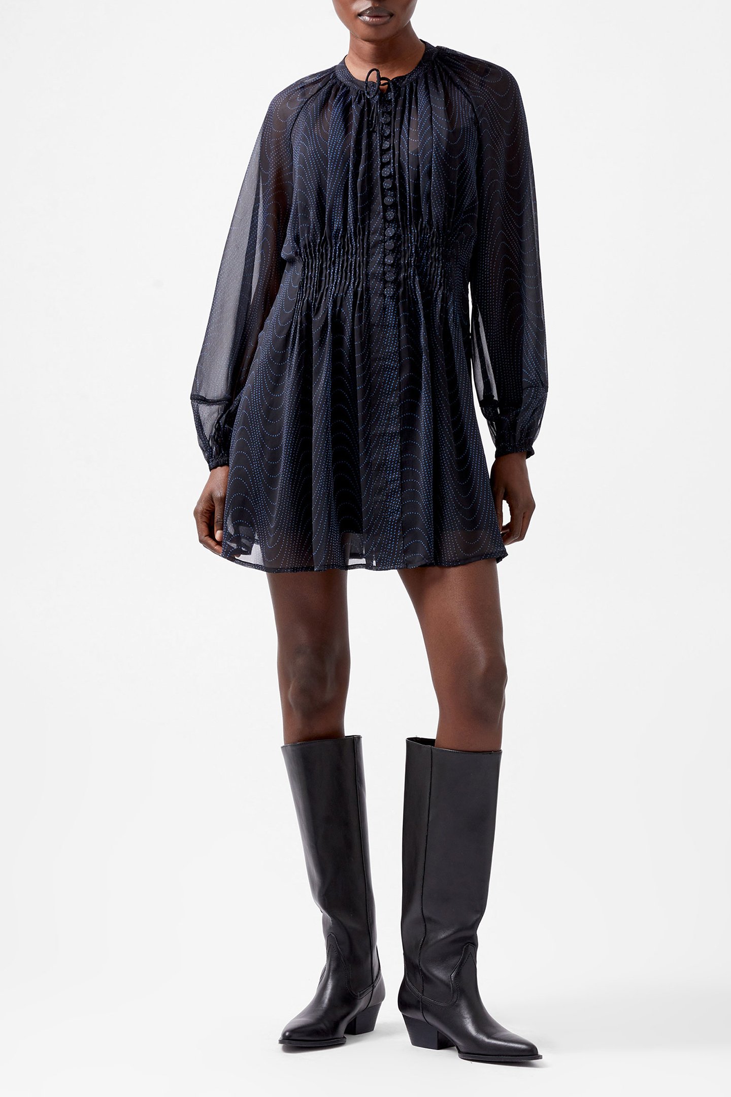 GRACE ARTEMIS LS RUFFLE DRESS BLACKOUT/CHROME BLUE by French Connection