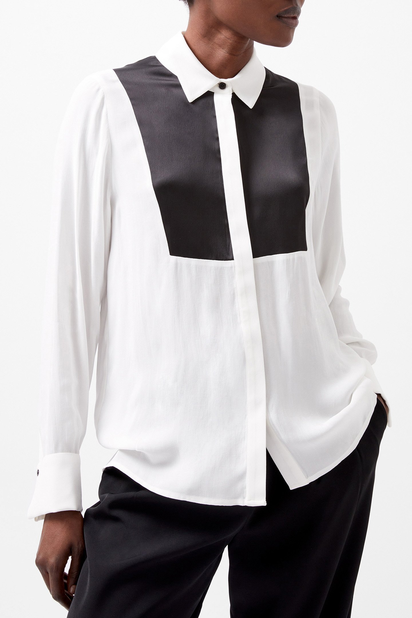 CHIARA DRAPE CONTRAST LS SHIRT LINEN WHITE/BLACKOUT by French Connection