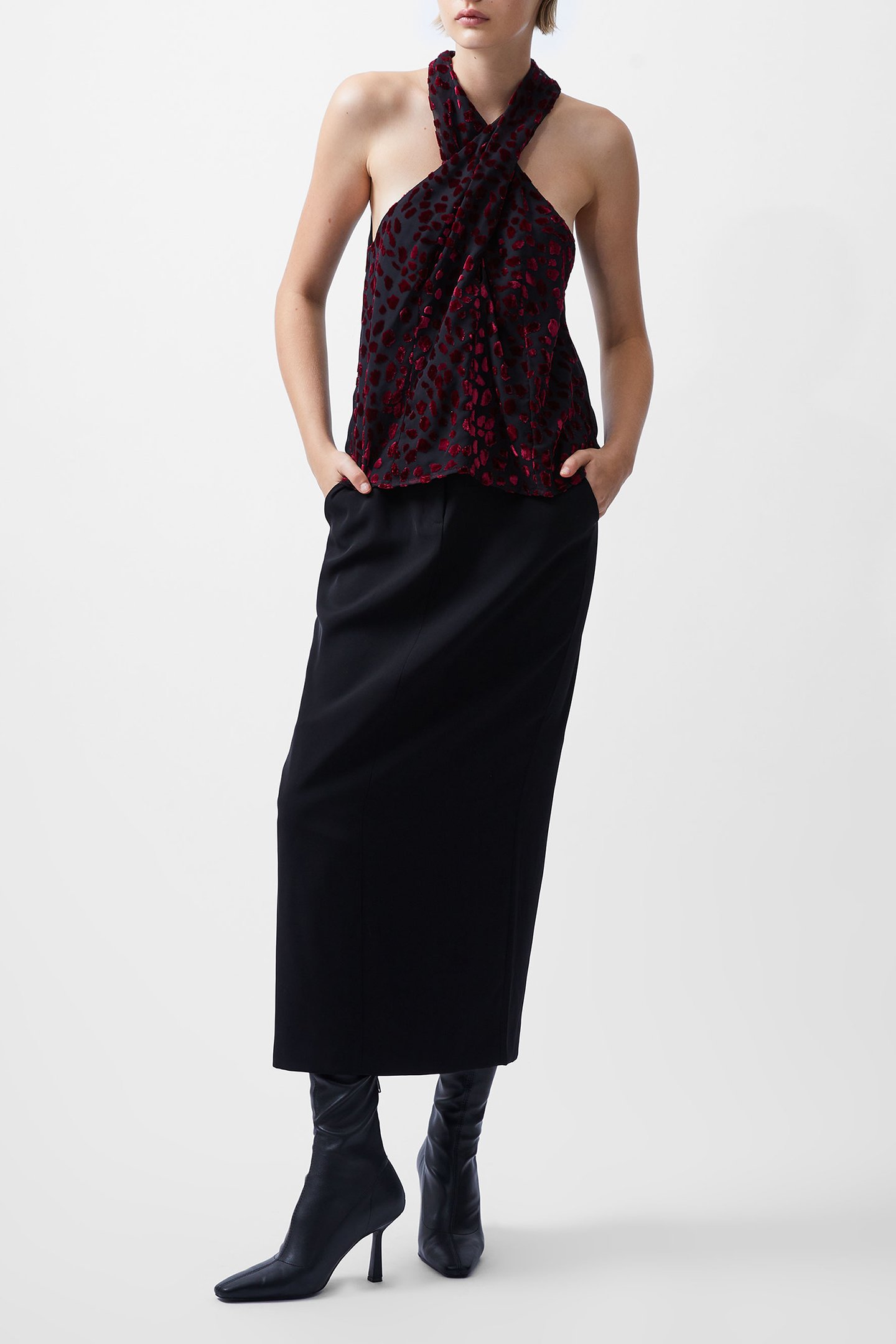 CADIE BURNOUT HALTER NK TOP BLACKOUT BAKED CHERR 2