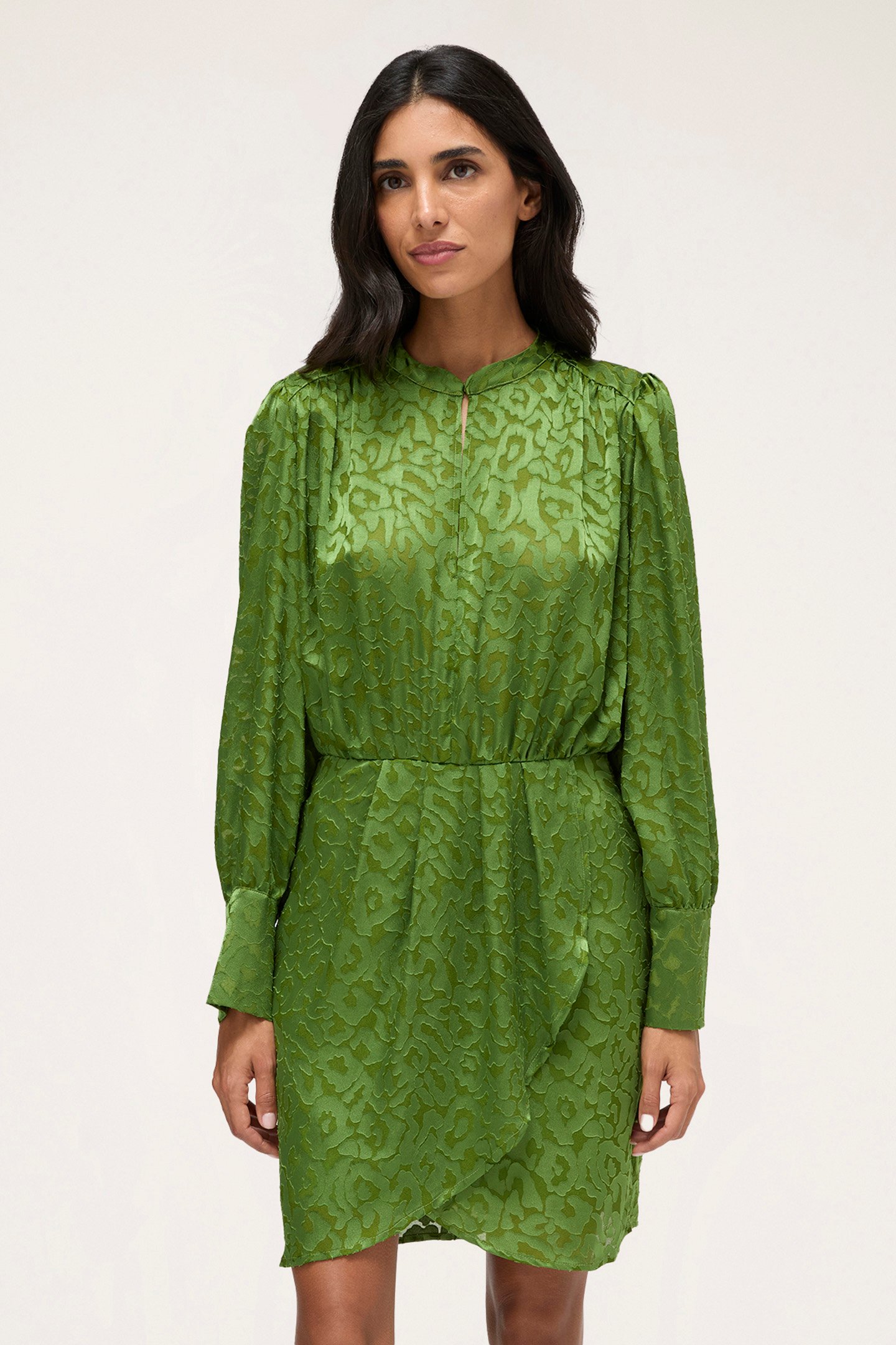 DEVORÉ SATIN WRAPAROUND MINI DRESS GREEN by Motivi
