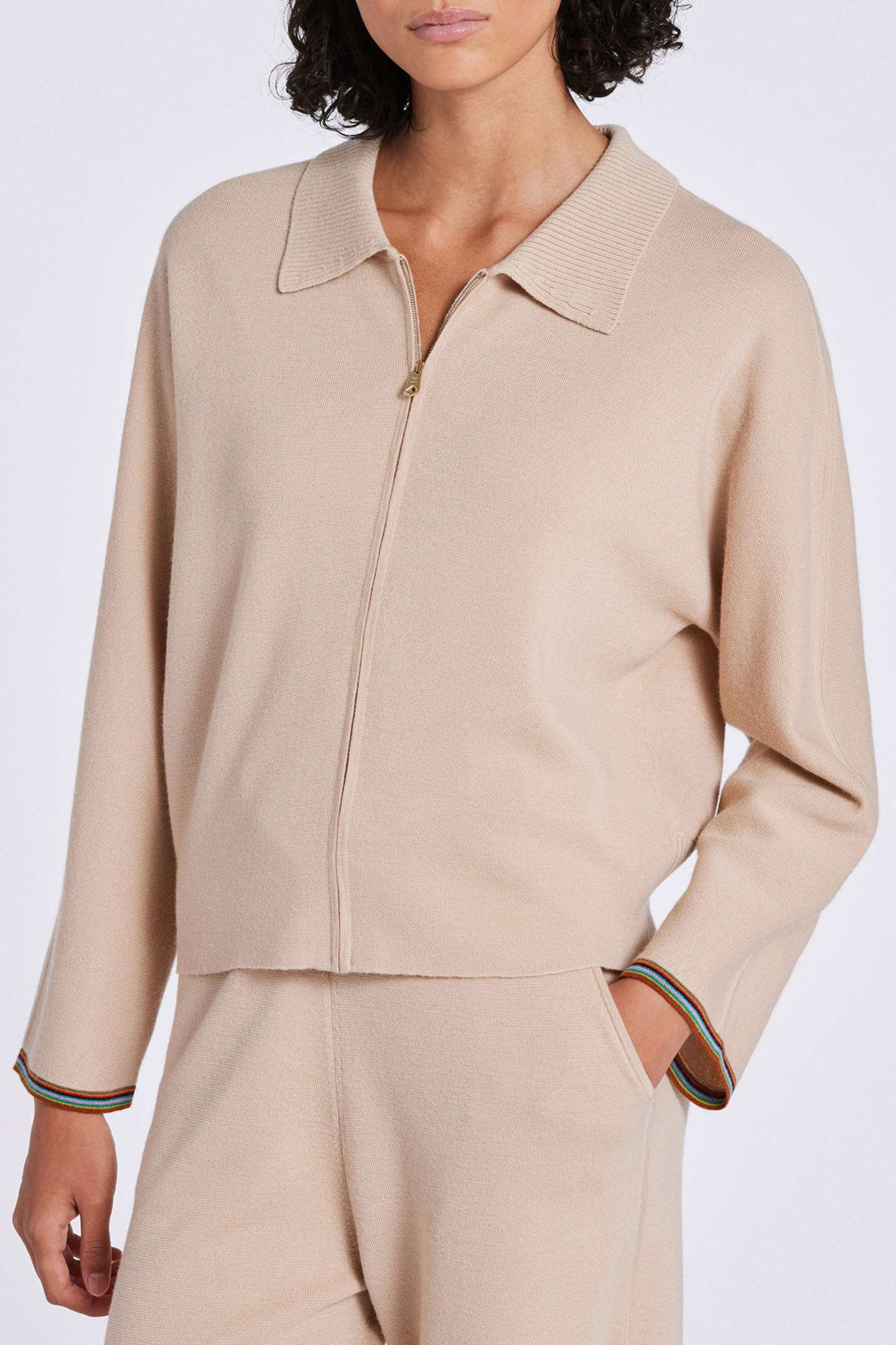 WOMENS KNITTED CARDIGAN ZIP THRU LIGHT BEIGE 1