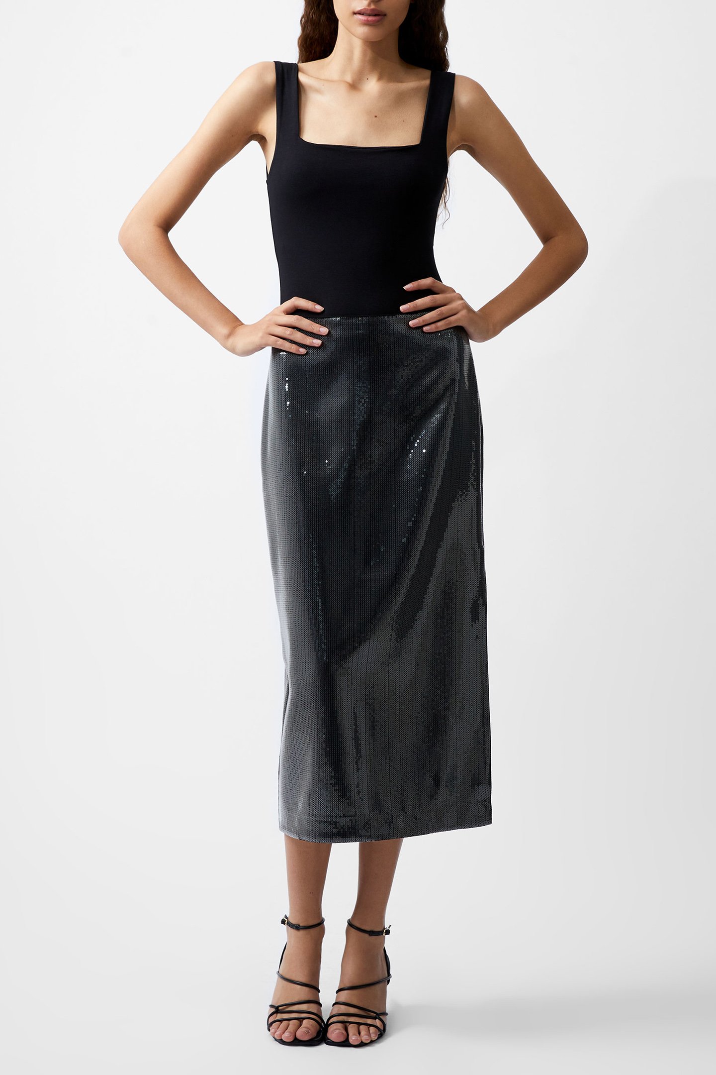 AMY SEQUIN MIDI SKIRT GUNMETAL by French Connection