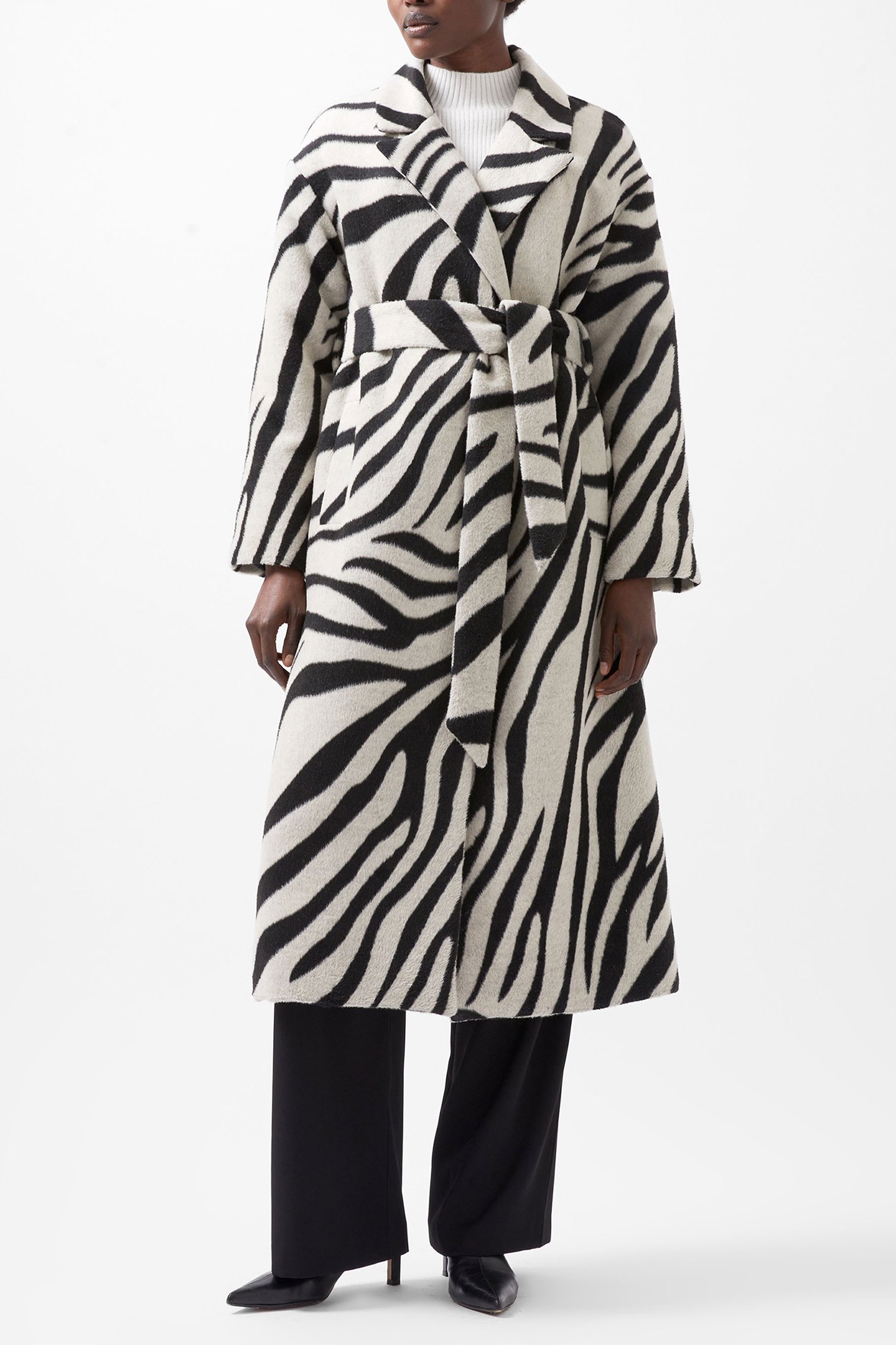 GRACE ZEBRA BELTED COAT BLACK WHITE by French Connection