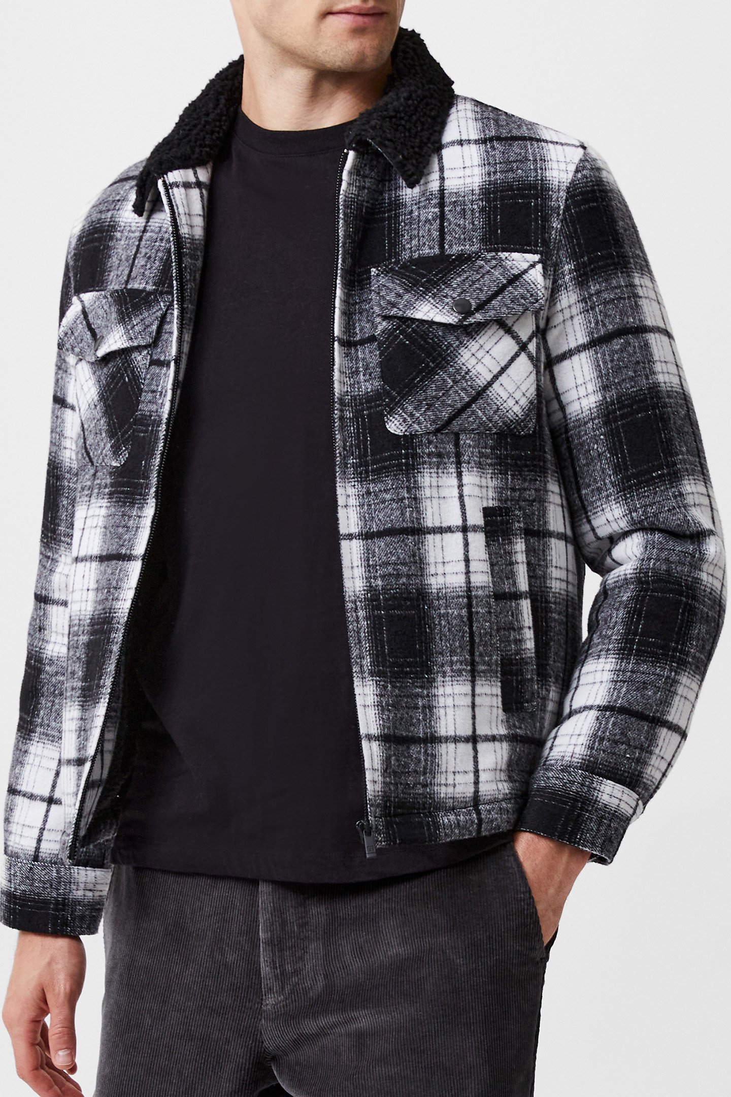 BORG COLLAR CHECKED JACKET BLACK WHITE by French Connection