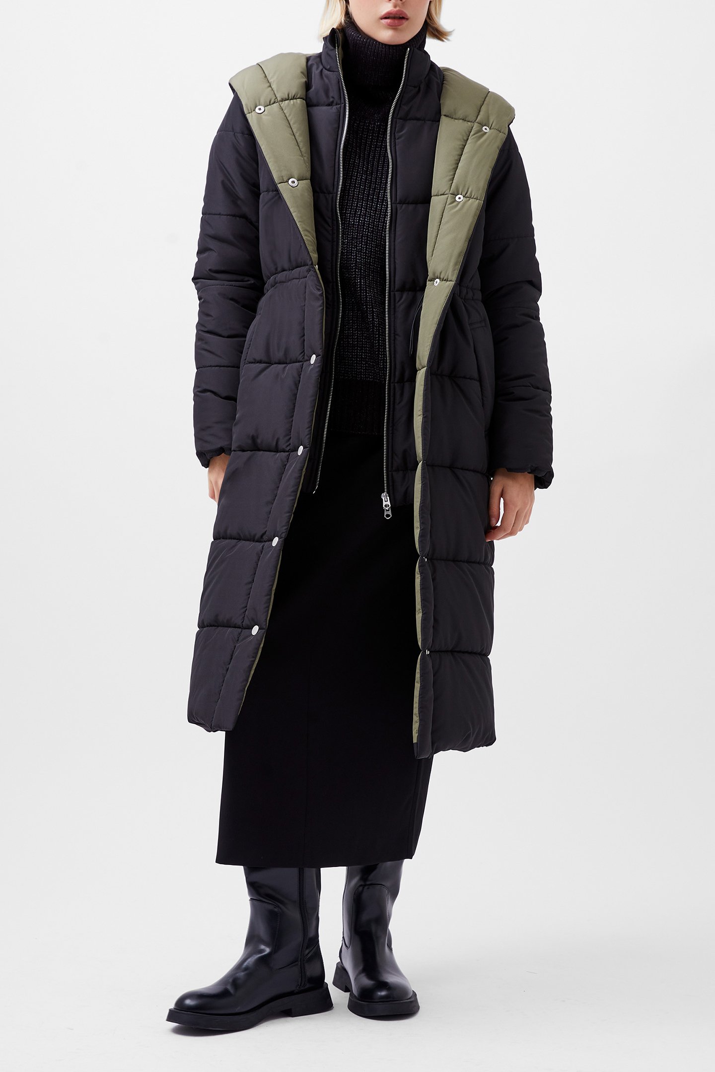 AUDEN DOUBLE FRONT PUFFER JACK BLACKOUT/TARMAC KHAK by French Connection