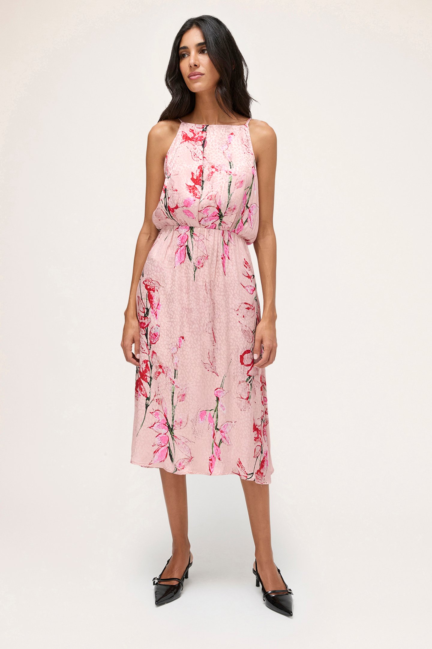 SATIN DRESS WITH FLOWER PATTERN PINK by Motivi