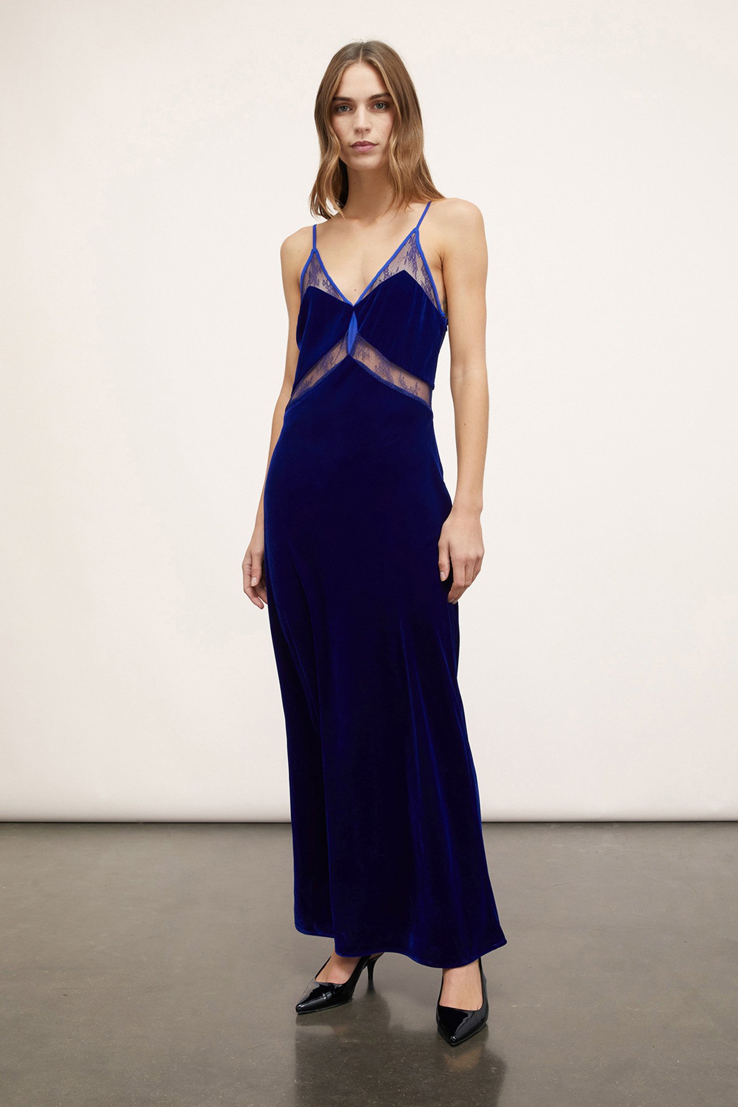 SMOOTH VELVET AND LACE LINGERIE DRESS BLUE by Motivi
