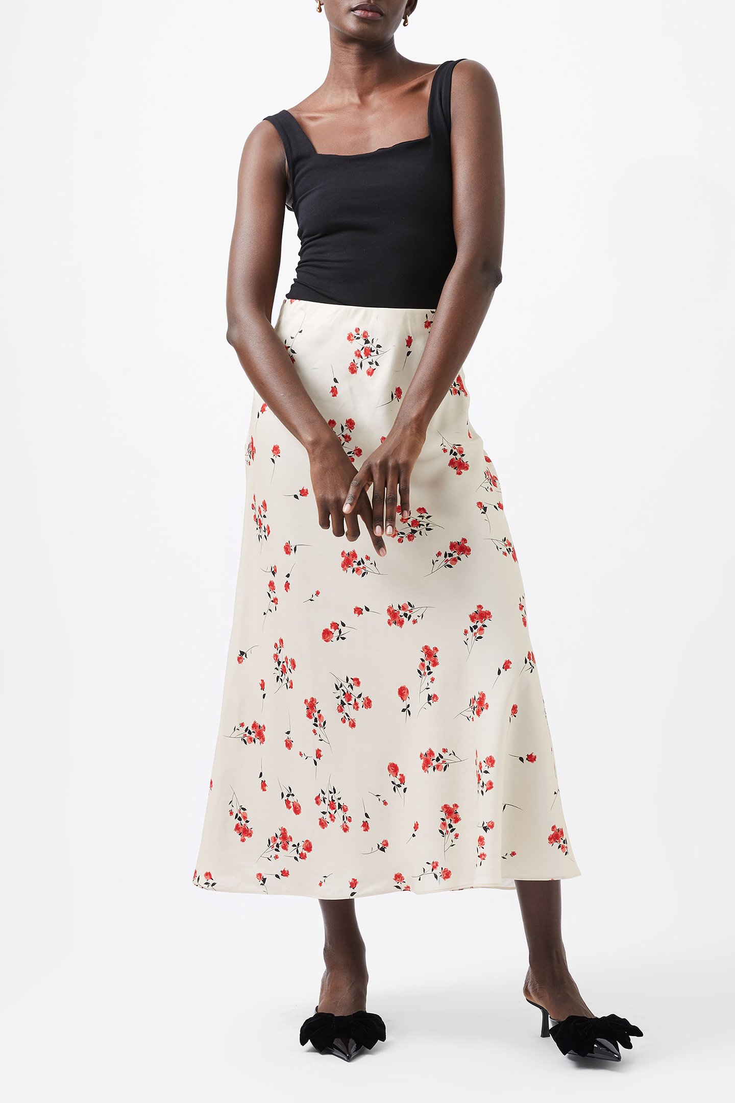 FLORAMOUR ENNIS SATIN LONG SKT CLASSIC CRM MUL by French Connection