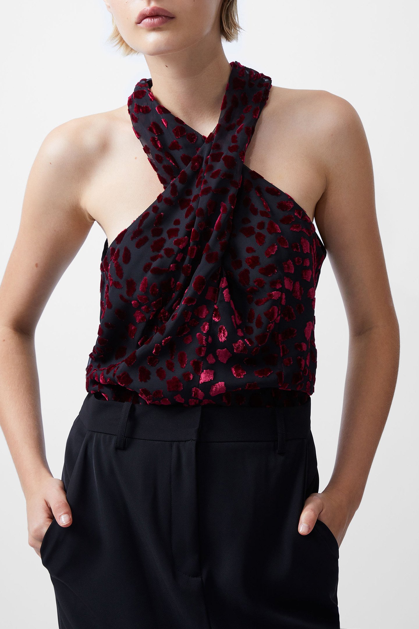 CADIE BURNOUT HALTER NK TOP BLACKOUT BAKED CHERR by French Connection