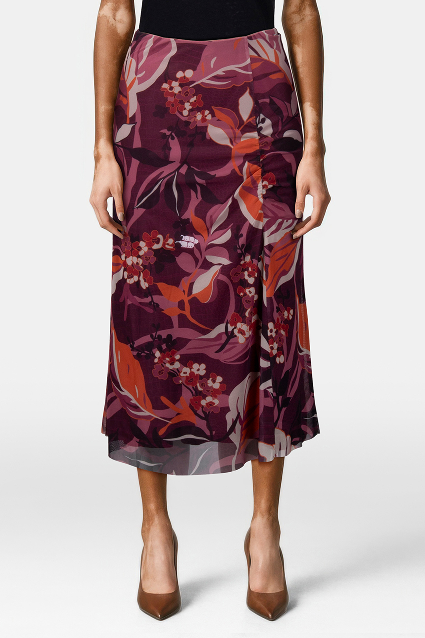 SKIRT MESH LEAVES PRINT PURPLES by Tramontana