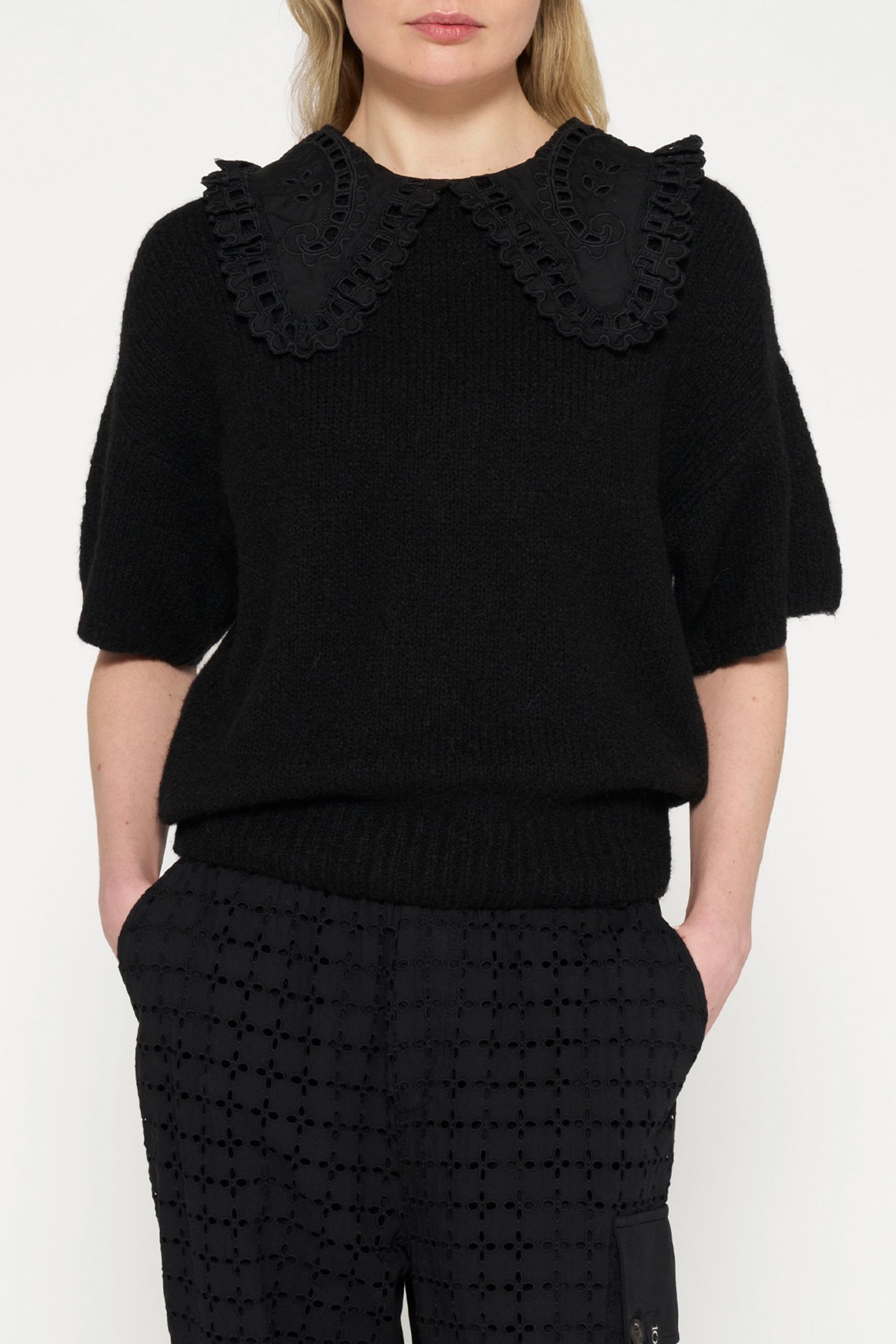 SHORT SLEEVE RUFFLE KNIT SWEATER BLACK 1