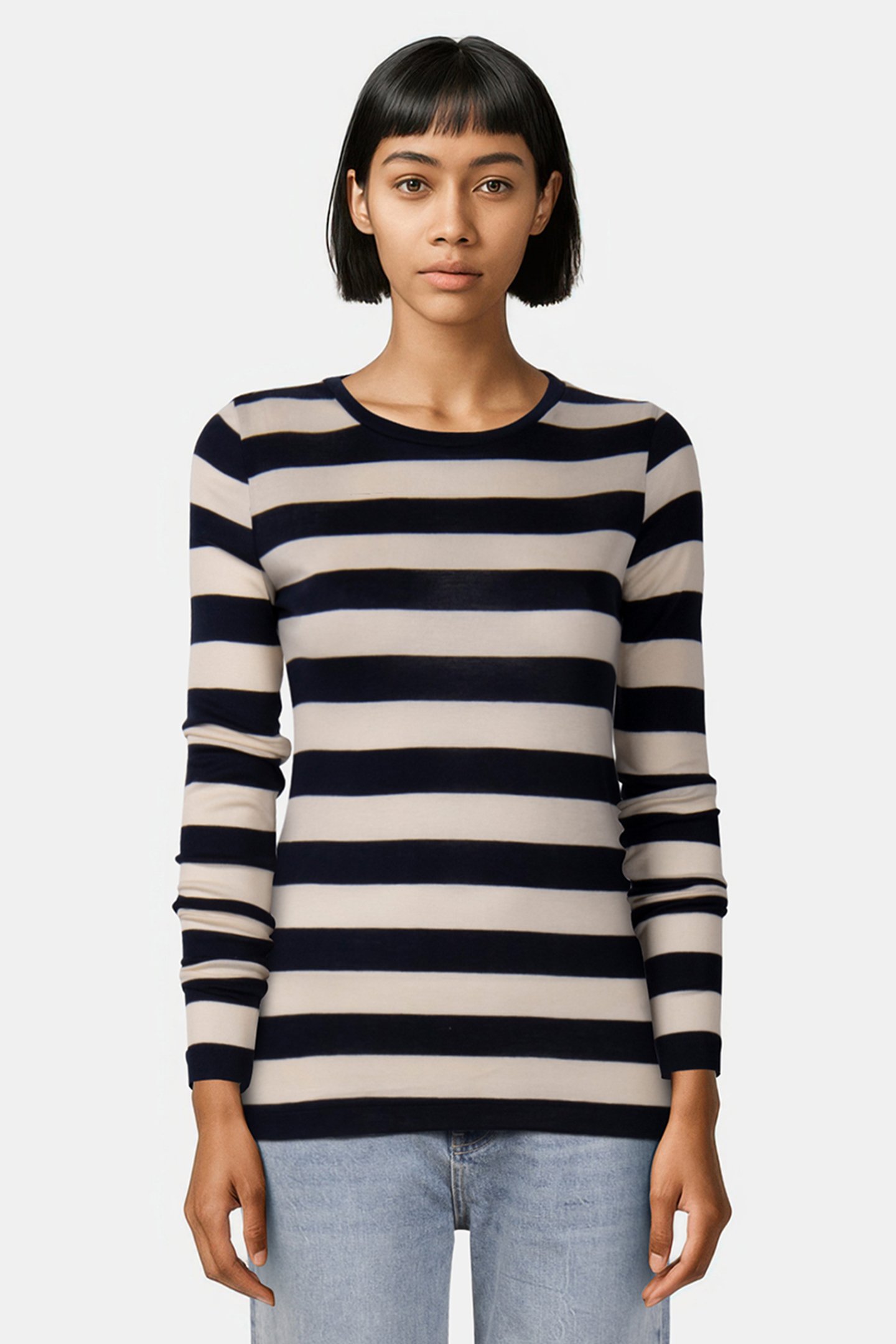 ROUND NECK SHEER JERSEY STRIPE MIDNIGHT BLUE by Summum Woman